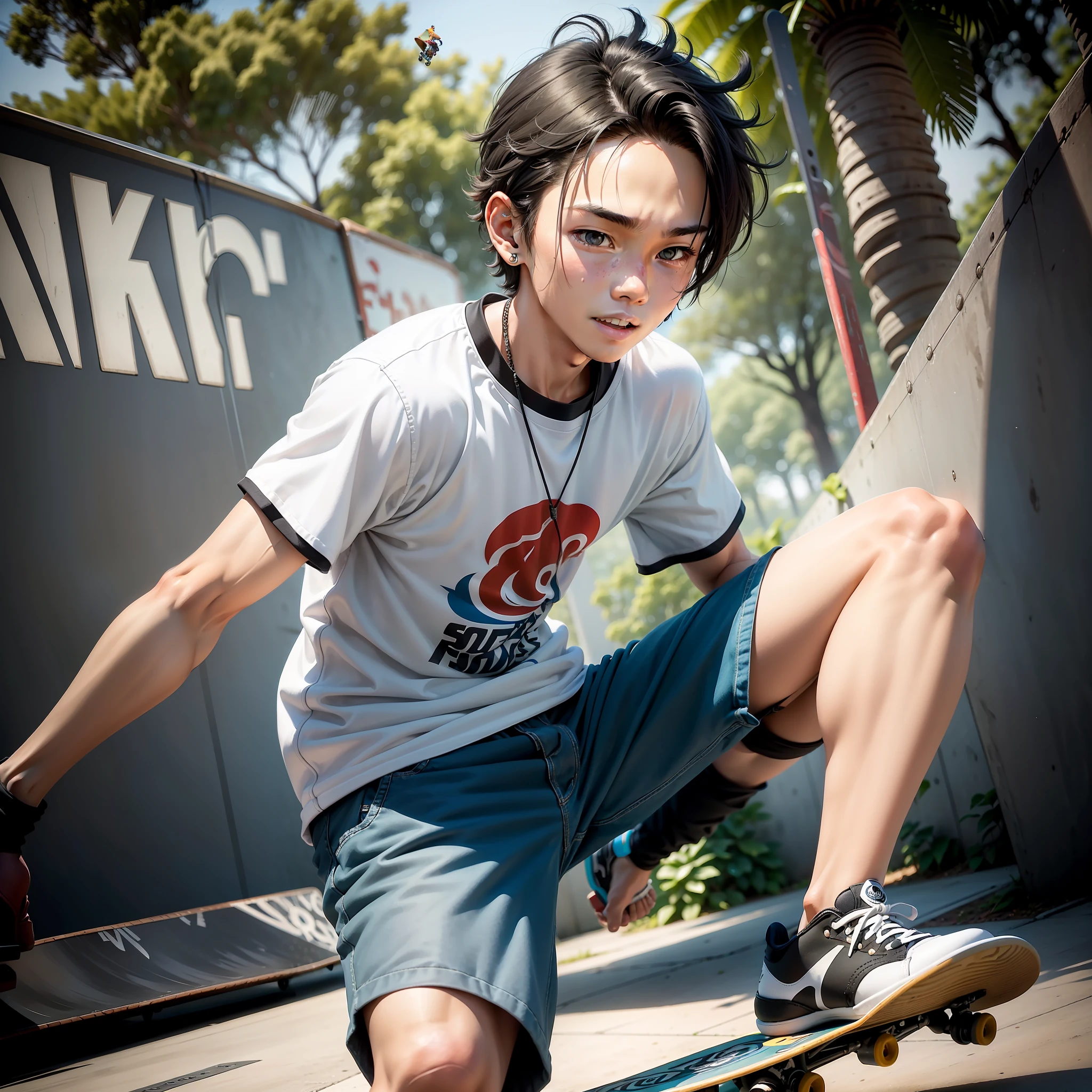Junior is an energetic and brave skateboarder。He wears loose jeans、Sneakers and cool skateboarding gear，Show youth、Stylish and free images。His black hair naturally fell on his forehead，Show confidence and a risk-taking attitude。

The teenager is energetic，Always energetic to shuttle through the skate park。He was burly，His strong body shows his unwavering determination and physical control。Whenever he jumps，His elegant and fluid movements demonstrate his mastery in skateboarding skills。

He always had a challenging smile on his face，It seems to say："Come on, desi，I accept any challenge！His eyes sparkled with passion and adventure，It conveys his love and dedication to skateboarding life。

This teenager is a truly brave man，Dare to take risks and challenge your limits。He shuttles through the jungle-like skate park，The joy of overcoming difficulties with his courage and skill。He is eager to fly high in the air and complete deadly moves，This is often admirable。His understanding and love of skateboarding culture，Make him unique in the world、One of the most creative teenagers。

generally，There is energy flowing in this skateboarder teenager、Courage and adventurousness。He is a passionate transmitter in the skateboarding world，Ignite the enthusiasm and passion of those around you。No matter what he wears、Appearance，Or his actions and attitudes，All of them show his love and dedication to skateboarding。