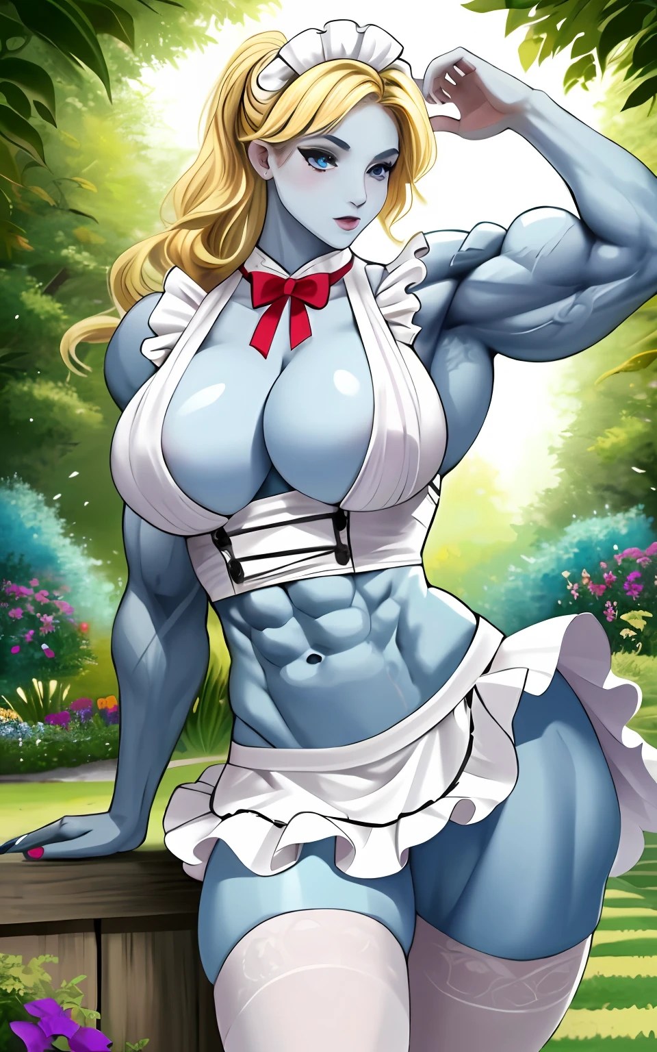 (1girll), huge tit, Breasts, Conque, Moisturizes skin, ,trpical garden , Maid outfit, s girl,realistic illumination,top Quority,8K,tmasterpiece,Muscular female,Muscular,Abs,(Blonde hair), (Blue skin:1.4),Claws,,Stockings
