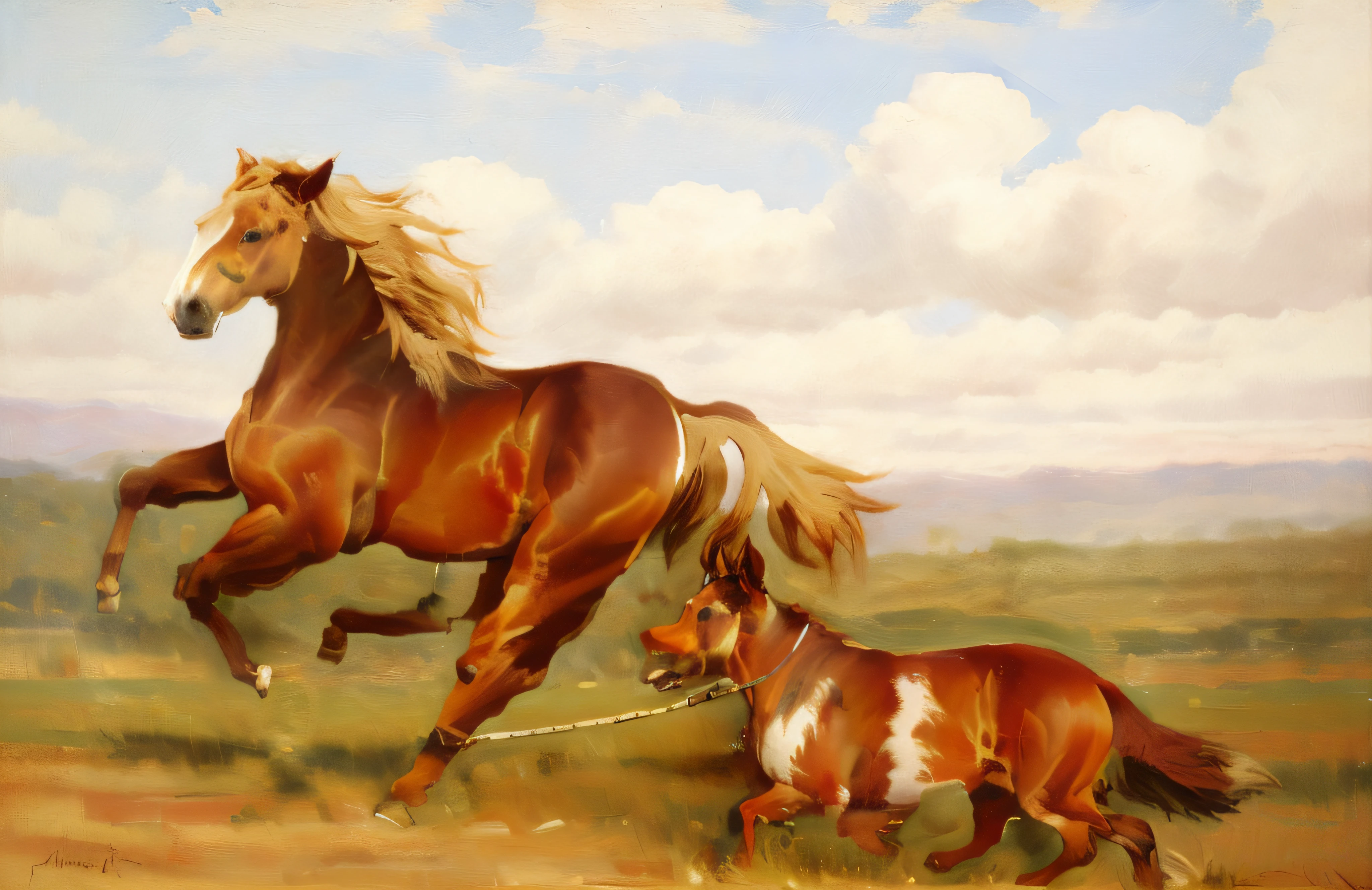 Horses and dogs run together,OilPaintStyle,Light-colored dogs,Date red horse