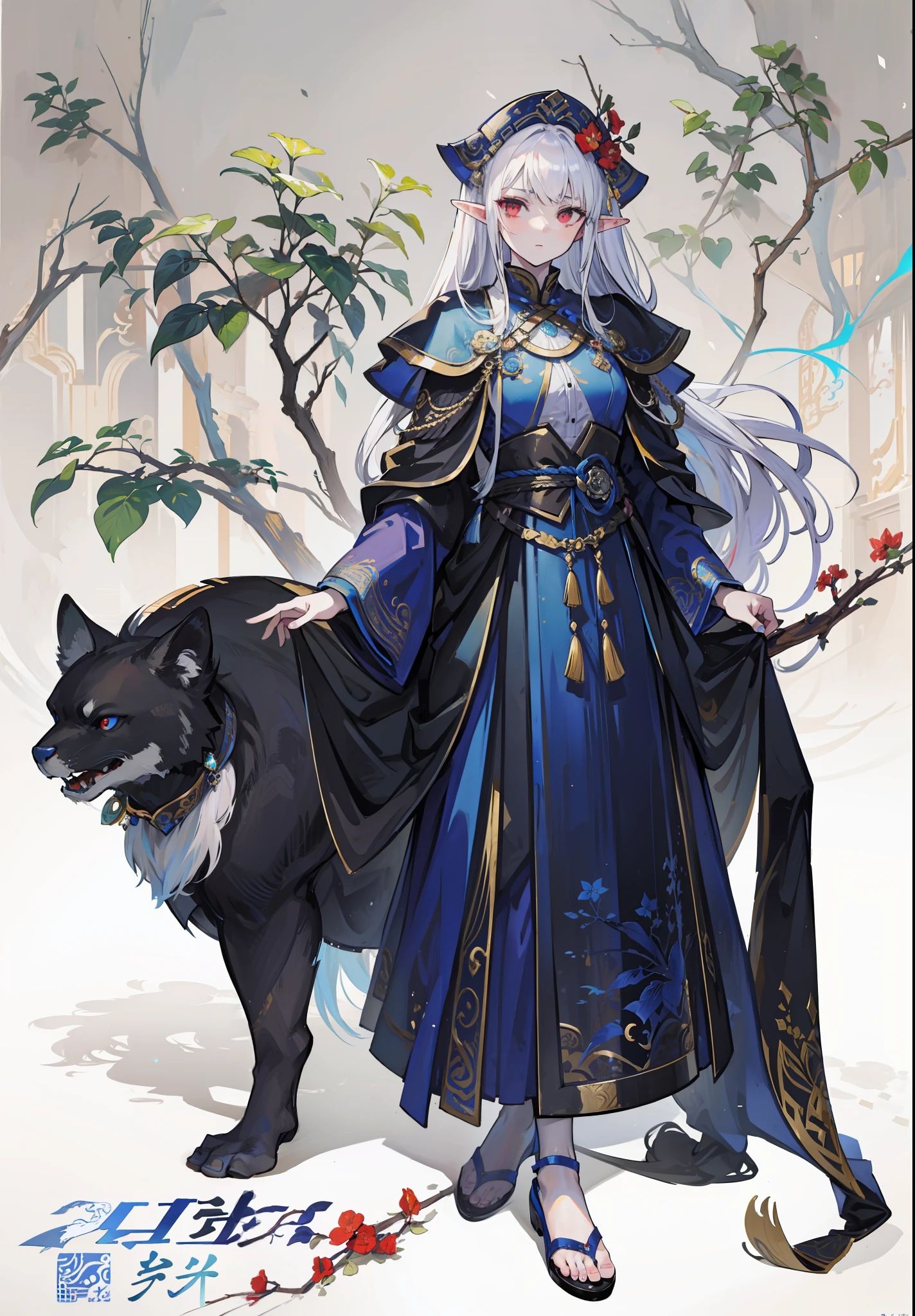 Masterpiece, Highest quality, (solofocus), (Perfect face: 1.1), (High detail: 1.1),elf, Man, Dramatic, 1人, (Pale skin),and long white hair, Red eyes, [Light eyebrows], Solo, Detailed background, Cinematic lighting, wearing a detailed and intricate xianxia antique outfit，（Perfect face:1.3），The eyes are blue