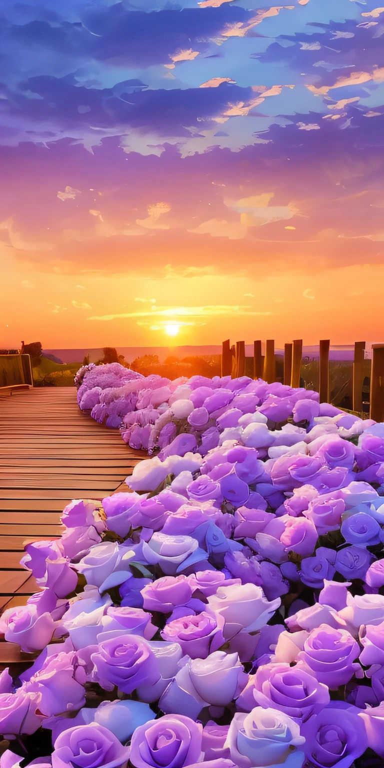 late sunset,Purple roses grow on wooden walkways, floral sunset, beatiful background, warm beautiful scene, blossoming path to heaven, Beautiful scenery, very beautiful scenery, gorgeous romantic sunset, Beautiful wallpaper, at purple sunset, Glowing flowers, beautiful iphone wallpaper, scenery wallpaper, Beautiful background, beautiful morning, soft lilac skies, Soft glow, beautiful aesthetic