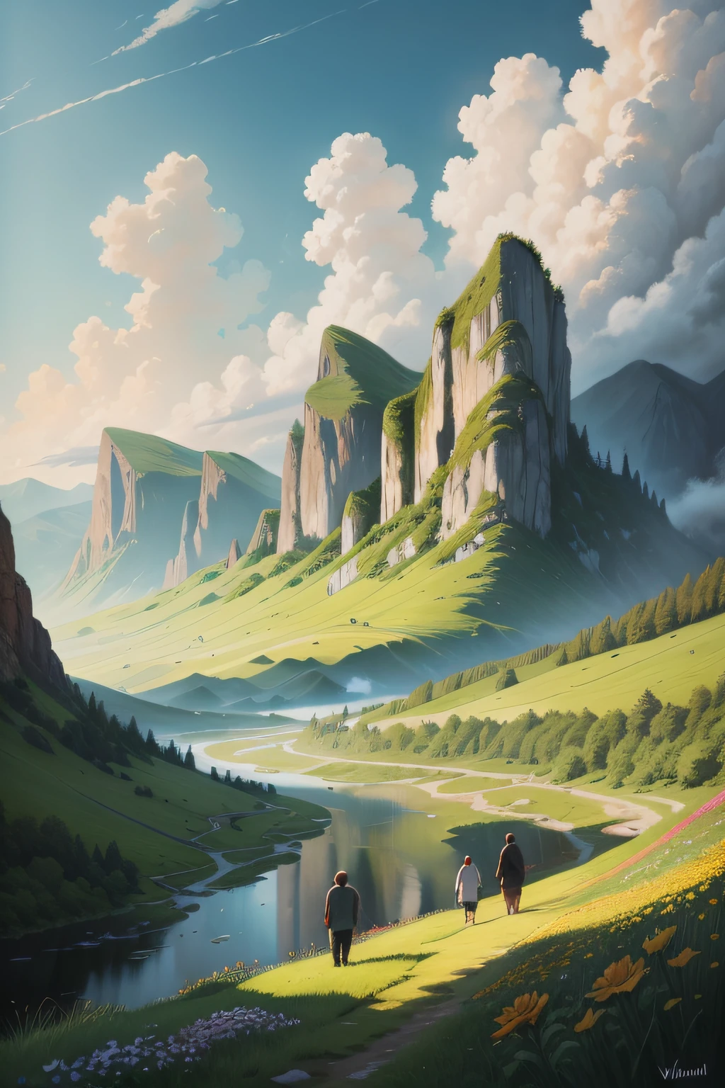 Oil painting, flowers, vistas, people, sunlight, white clouds, green mountains, rivers