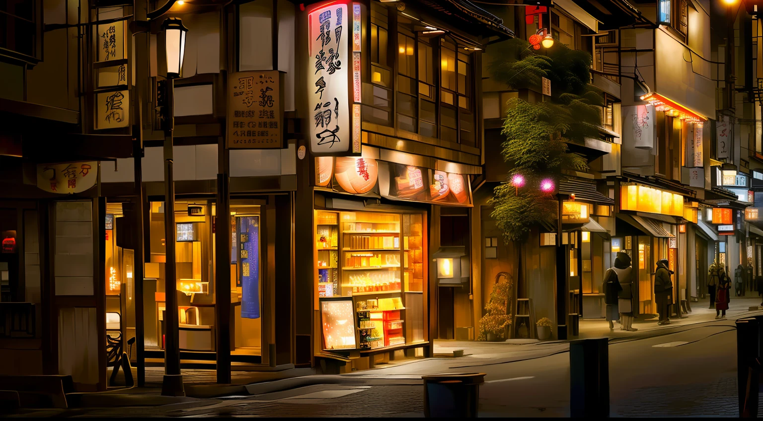 There are several shops on the street and a night view of people walking, in a japanese town at night, warm street lights store front, japanese downtown, street japan, japanese city at night, japan at night, japanese town, kyoto inspired, quiet tokyo alley at night, old man in tokyo at night, in tokyo at night, ryokans and edo era houses, Japan city