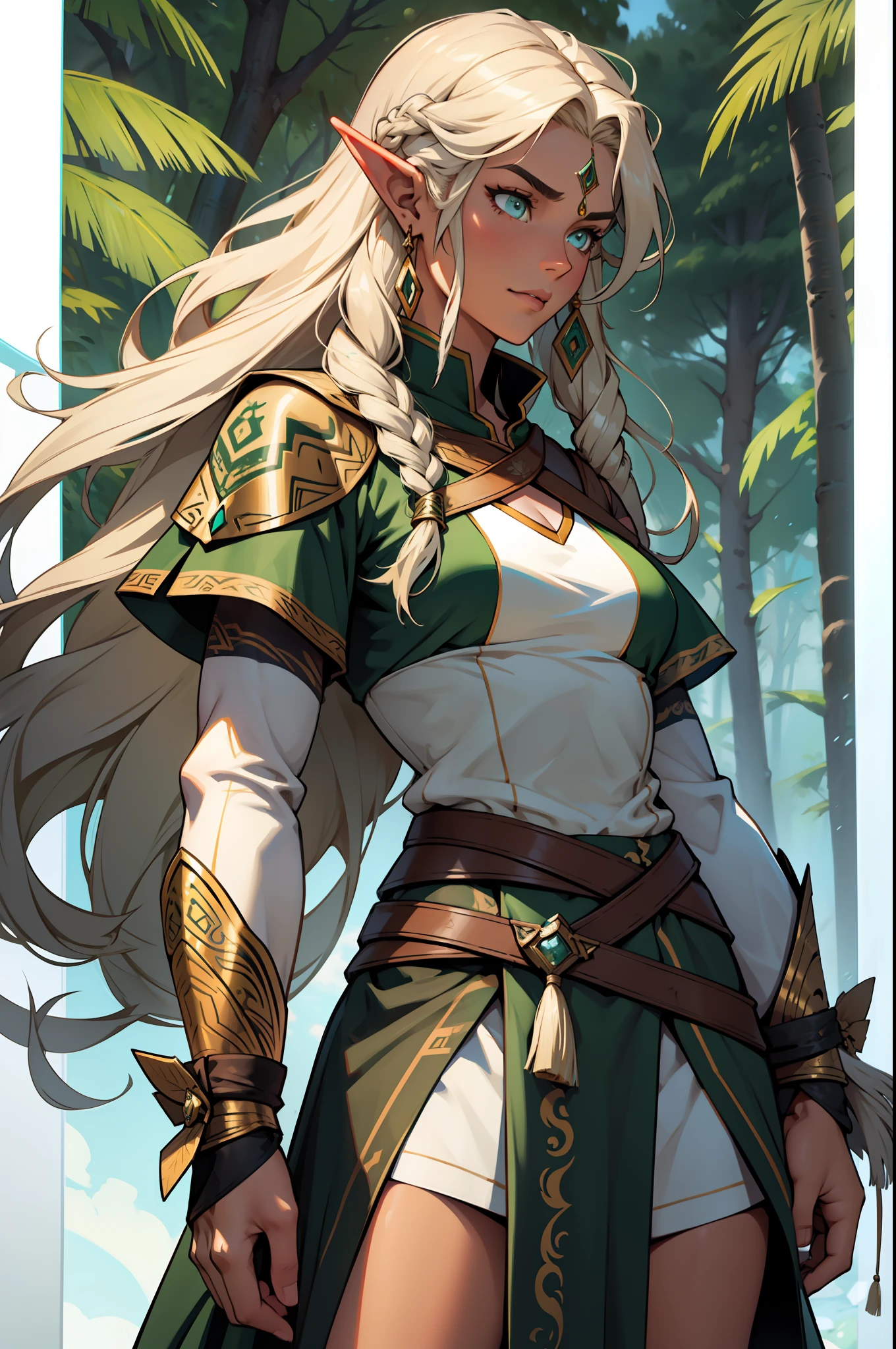 The facial features are clear and three-dimensional,Masterpiece,Highest quality,Elven female, Hot figure, Green long hair,Big wavy hair, bronze skin,heroic look,archer, Beautiful and determined, Feminine,Strong,Indian tribal ranger costume, shaman,Tattooed with,Facial details, The face is delicate,Beast animal skin skirt,ln the forest,archer,bow and arrows,blast,nature elements,