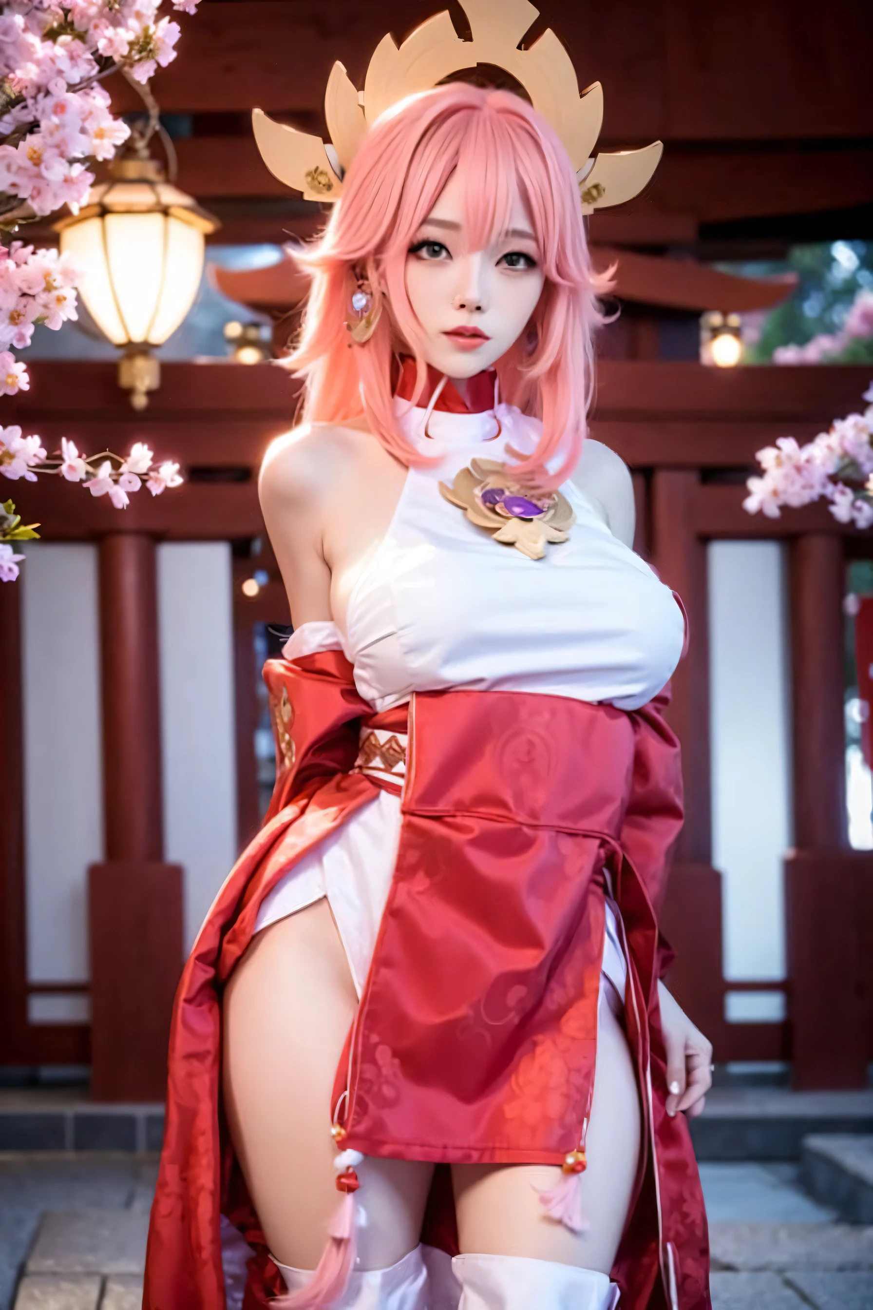 1girl, (ulzzang-6500:0.725), kpop idol, yae miko,  detached sleeves, bare shoulders, pink hair, long hair, best quality, (photorealistic:1.2), (hair ornament:1.35), jewelry, purple eyes, earrings,, large breasts, torii, cherry blossoms, lantern light, depth of field, detailed face, face focus, (looking at viewer:1.25), shiny skin, long sleeves, smile, thick lips, game cg, thighhighs, hands on lips, east asian architecture, blurry background, full body, arms behind back,