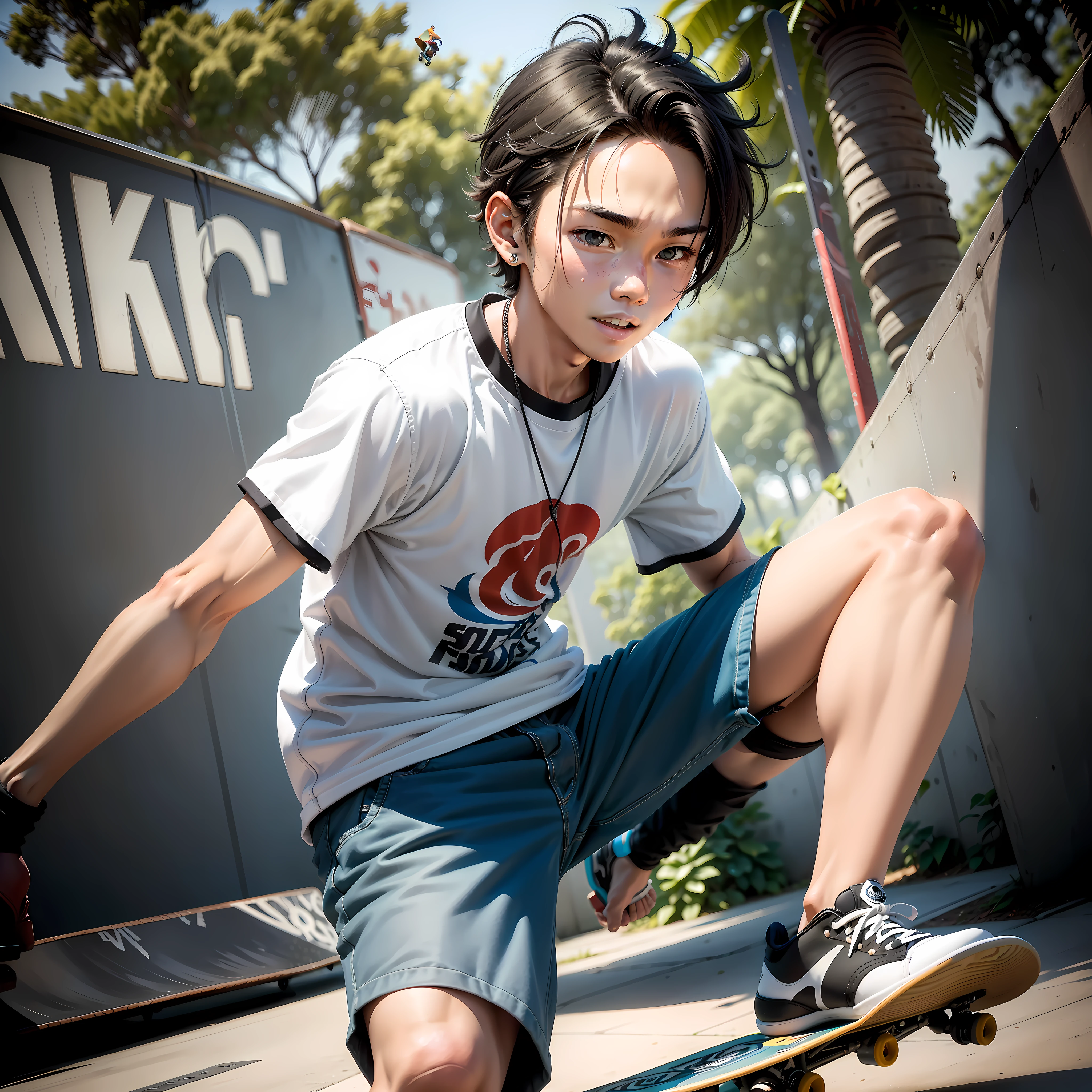 Junior is an energetic and brave skateboarder。He wears loose jeans、Sneakers and cool skateboarding gear，Show youth、Stylish and free images。His black hair naturally fell on his forehead，Show confidence and a risk-taking attitude。

The teenager is energetic，Always energetic to shuttle through the skate park。He was burly，His strong body shows his unwavering determination and physical control。Whenever he jumps，His elegant and fluid movements demonstrate his mastery in skateboarding skills。

He always had a challenging smile on his face，It seems to say："Come on, desi，I accept any challenge！His eyes sparkled with passion and adventure，It conveys his love and dedication to skateboarding life。

This teenager is a truly brave man，Dare to take risks and challenge your limits。He shuttles through the jungle-like skate park，The joy of overcoming difficulties with his courage and skill。He is eager to fly high in the air and complete deadly moves，This is often admirable。His understanding and love of skateboarding culture，Make him unique in the world、One of the most creative teenagers。

generally，There is energy flowing in this skateboarder teenager、Courage and adventurousness。He is a passionate transmitter in the skateboarding world，Ignite the enthusiasm and passion of those around you。No matter what he wears、Appearance，Or his actions and attitudes，All of them show his love and dedication to skateboarding。