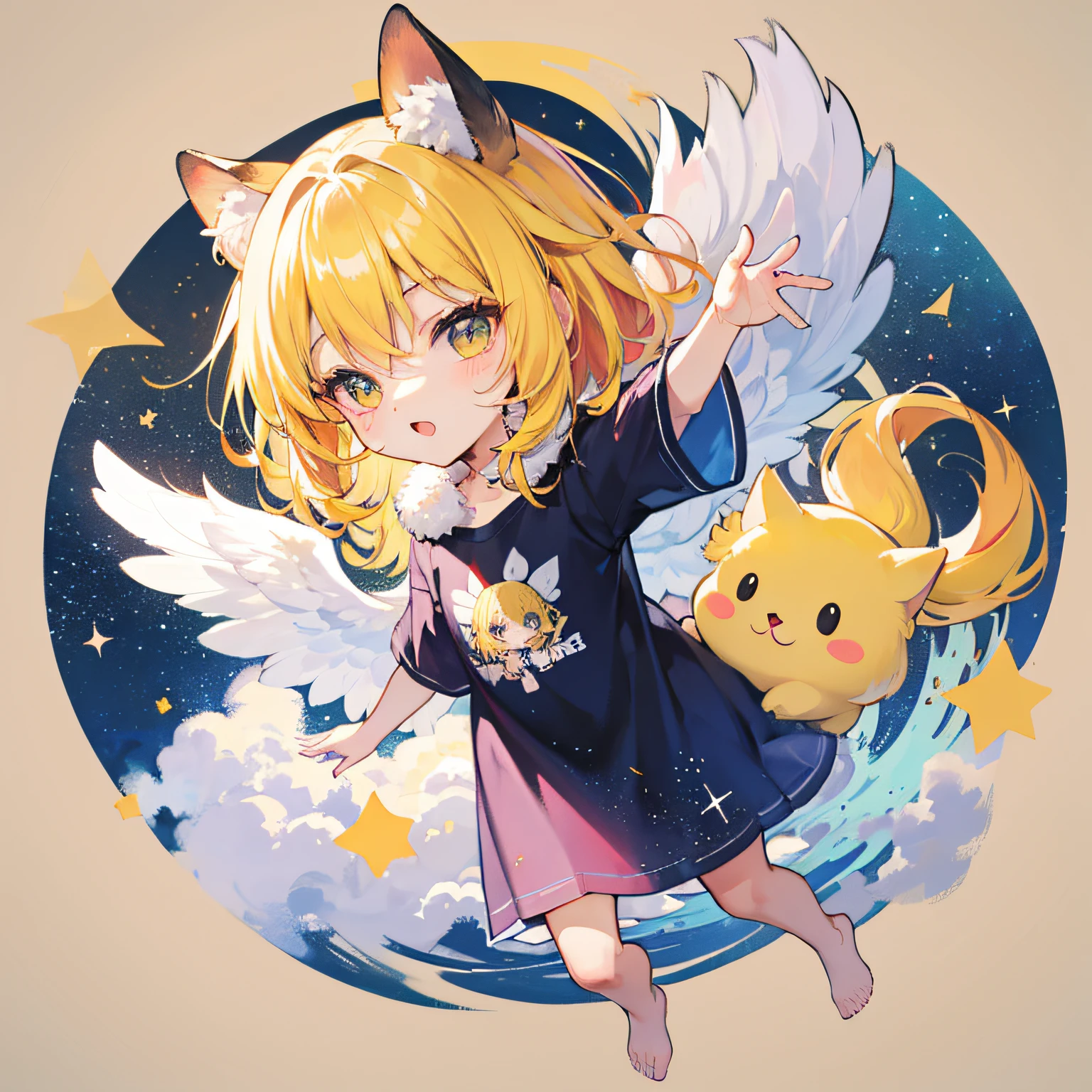 （（a sticker：1.5）））， （（chibi character））， （white backgrounid）， fluffly， Kizi， Sorcerer costume，Holding the stars all over your body， Yellow hair， pastel-colored hair， fairytale-like，  T-shirt design， tmasterpiece， best qualityer， 16k
