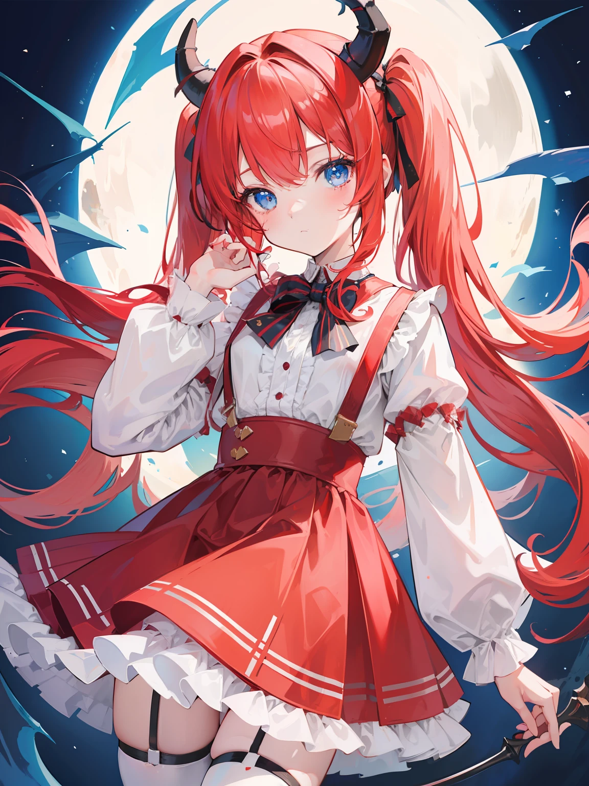 {{best quality}}, {{masterpiece}}, {{ultra-detailed}}, {illustration}, {detailed light}, red hair,blue eyes,twintails,ta,Suspenders skirt,Fantastic,lolio,Dragon horns,little gir