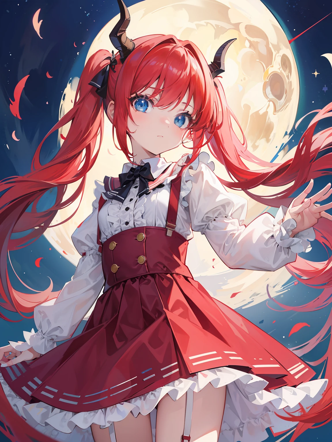 {{best quality}}, {{masterpiece}}, {{ultra-detailed}}, {illustration}, {detailed light}, red hair,blue eyes,twintails,lolita,Suspenders skirt,Fantastic,loli,solo,Dragon horns,little girl,long hair