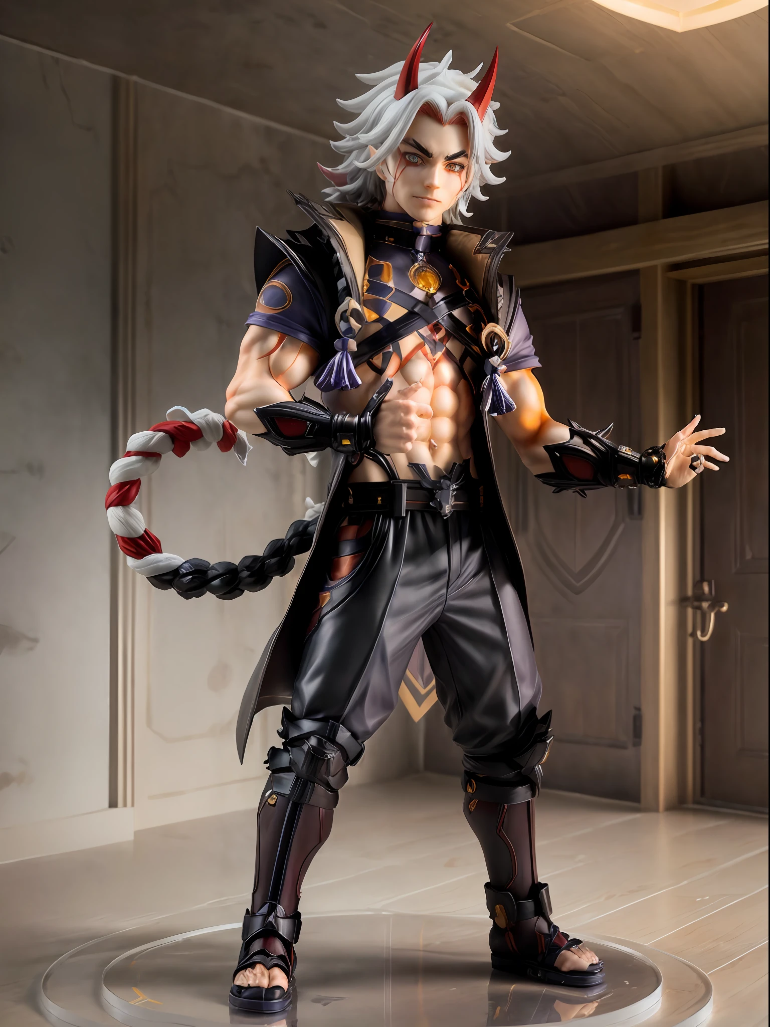 (Blind box toy style:1.3), (Full body shot) , 1 masterpiece, Best quality, ((anatomy correct，1 boy solo)),(arataki itto：1.2) (Genshin Impact), Golden pupils，Black iris，laugh,male focus, black nails, arataki itto, red horns, solo, long white hair,  Clean, Clean dark background （circular base）( Global illumination, Ray traching, hdr, unreal render,reasonable design, high detal, Masterpiece, Best quality, hyper HD, Cinematic lighting)