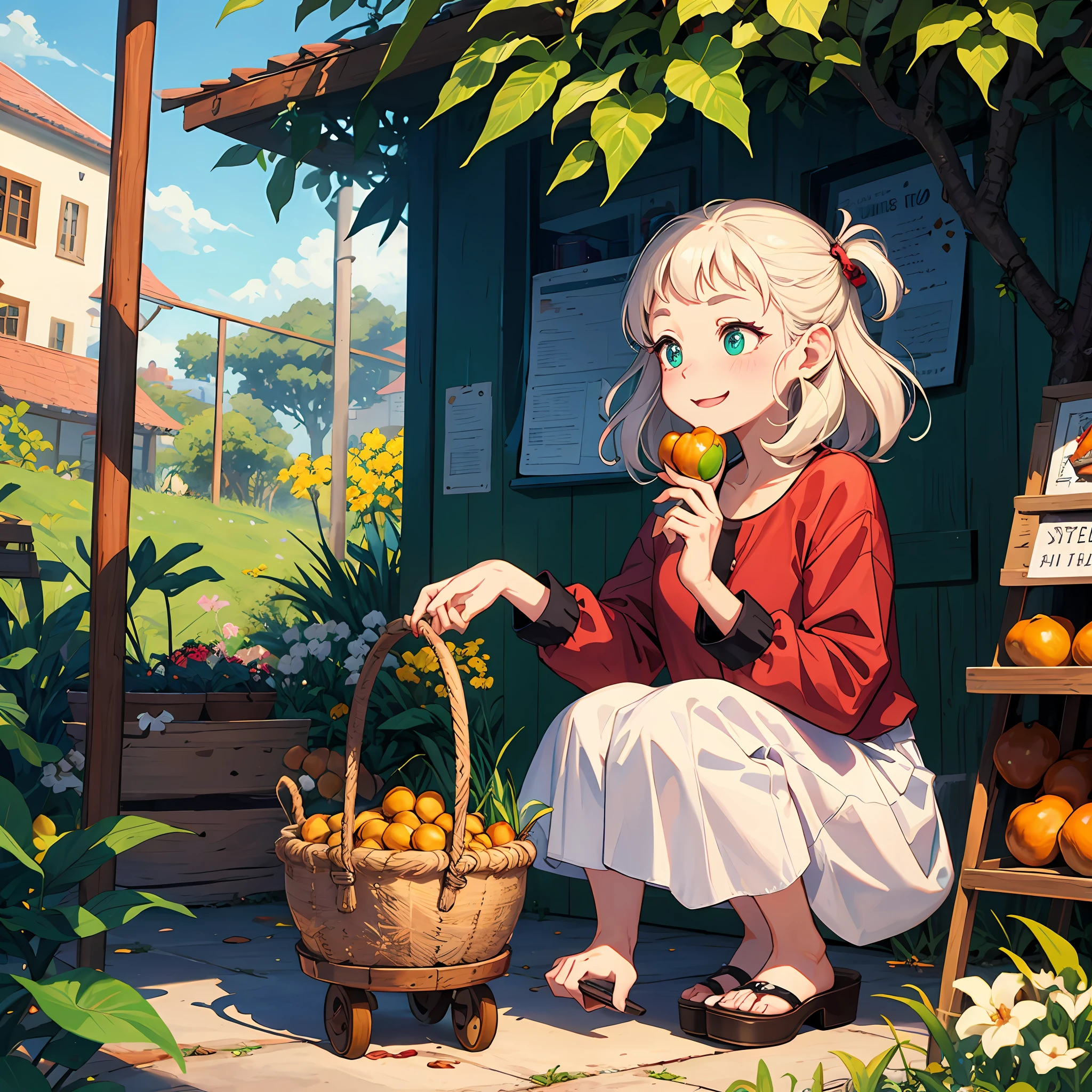 The cartoon version of cute grandma looks at macadamia nuts and wants to buy