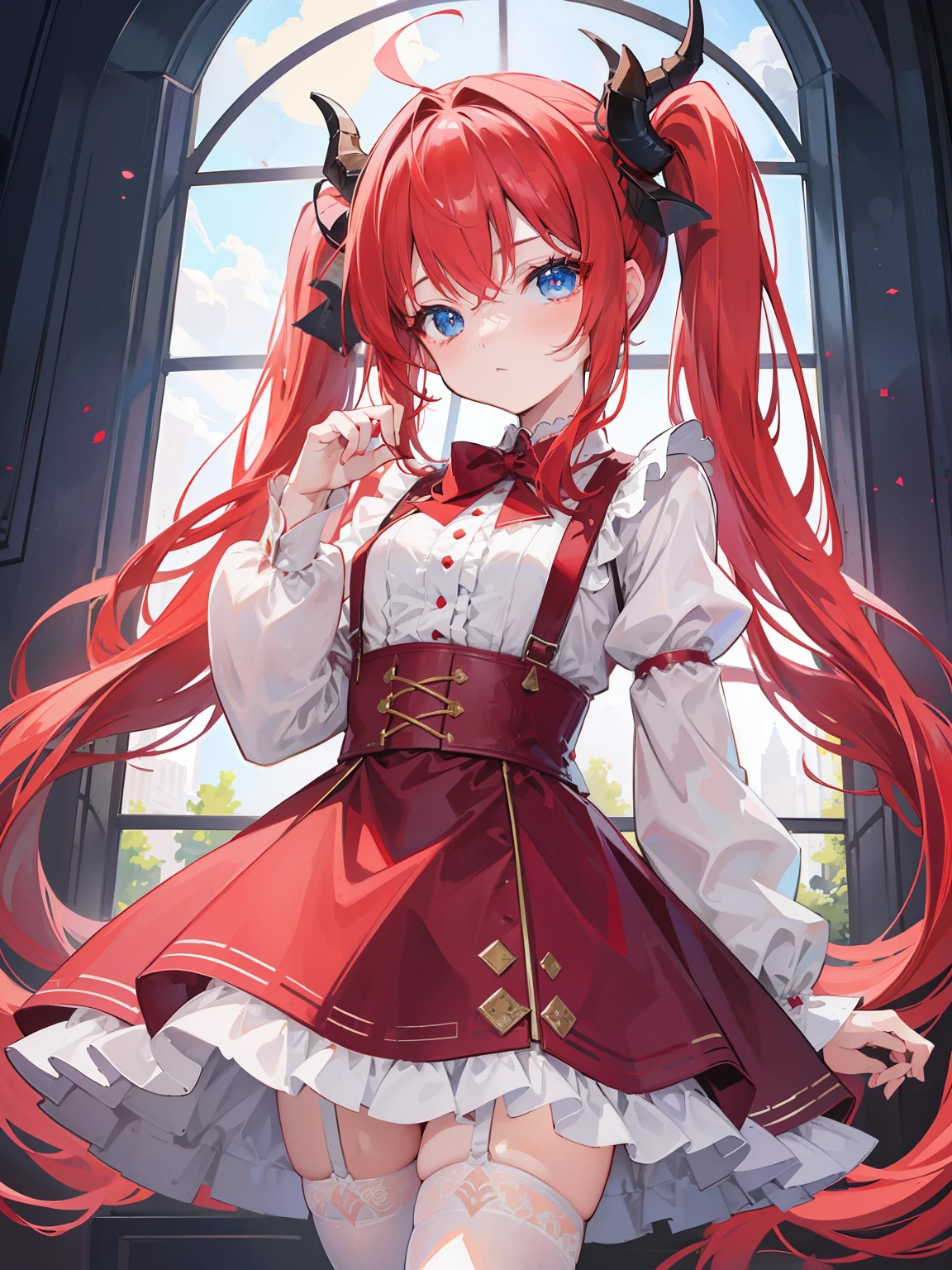 {{best quality}}, {{masterpiece}}, {{ultra-detailed}}, {illustration}, {detailed light}, red hair,blue eyes,twintails,lolita,Suspenders skirt,Fantastic,loli,solo,Dragon horns,little girl,long hair