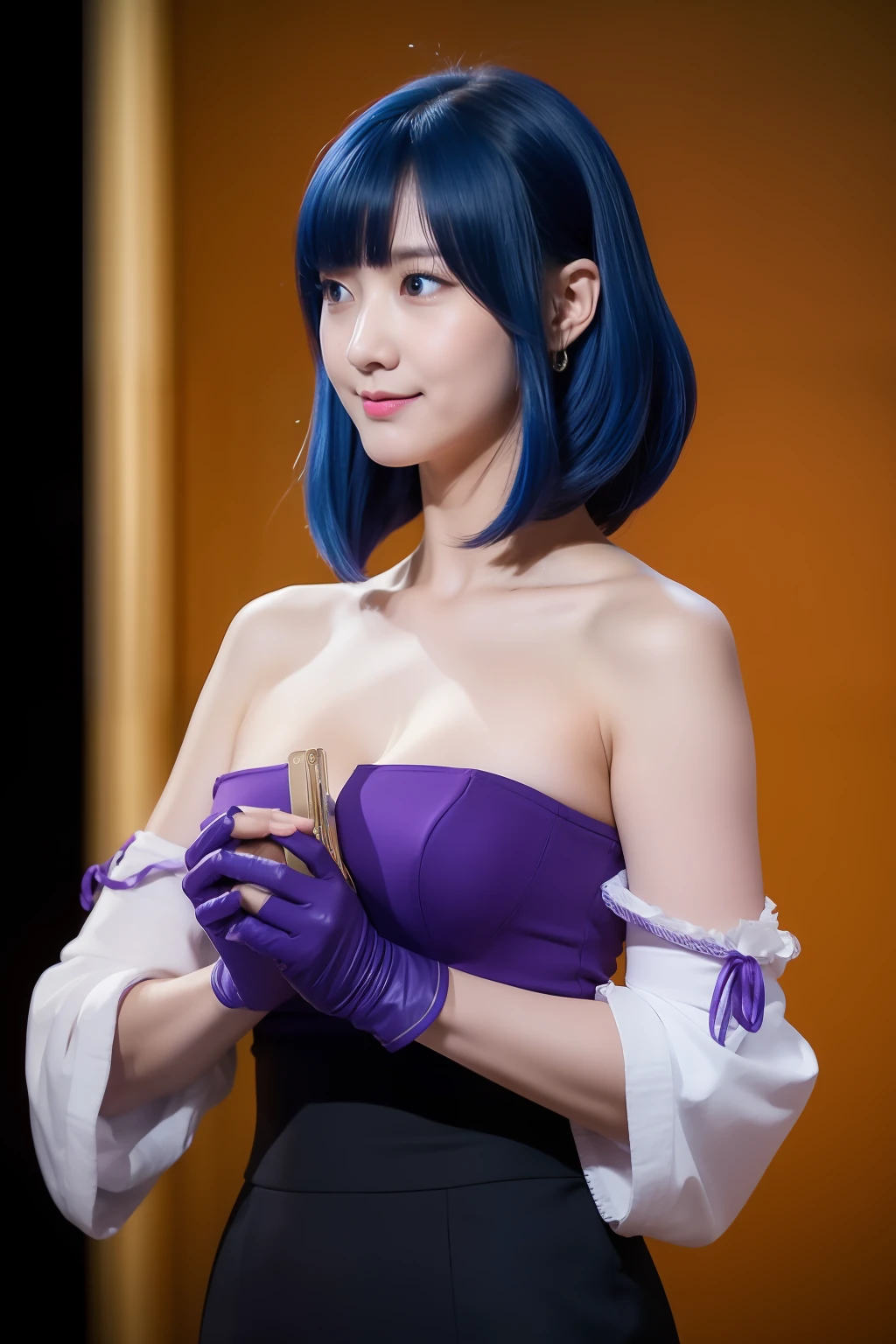 ganyu\(genshin impact\), 1girl, ahoge, architecture, bangs, bare shoulders, bell, black gloves, black tights, ((blue hair)), blush, breasts, chinese knot, sleeve, East Asian architecture, flower knot, gloves, horn, long hair, looking at the audience, mid-chest, neckbell, night, outdoor, pantyhose, purple eyes, sideburns, solo, tassels, white sleeves, ((masterpiece))