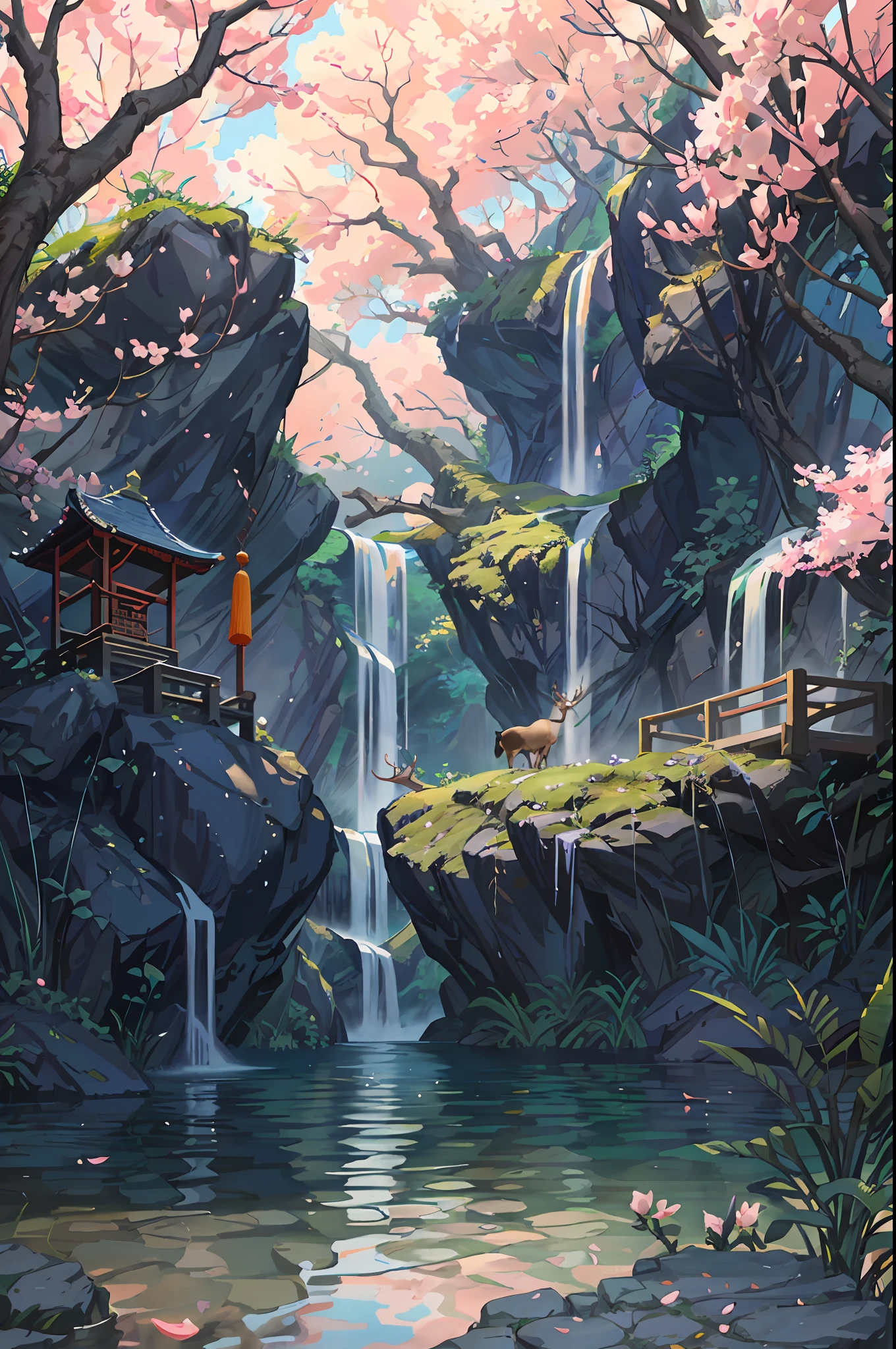 Chinese ancient times, spring, jungle, lake, cave, waterfall, tree, meadow, rock, deer, hot spring, water vapor, (illustration: 1.0), epic composition, realistic lighting, HD details, masterpiece, best quality, (very detailed CG unified 8k wallpaper)