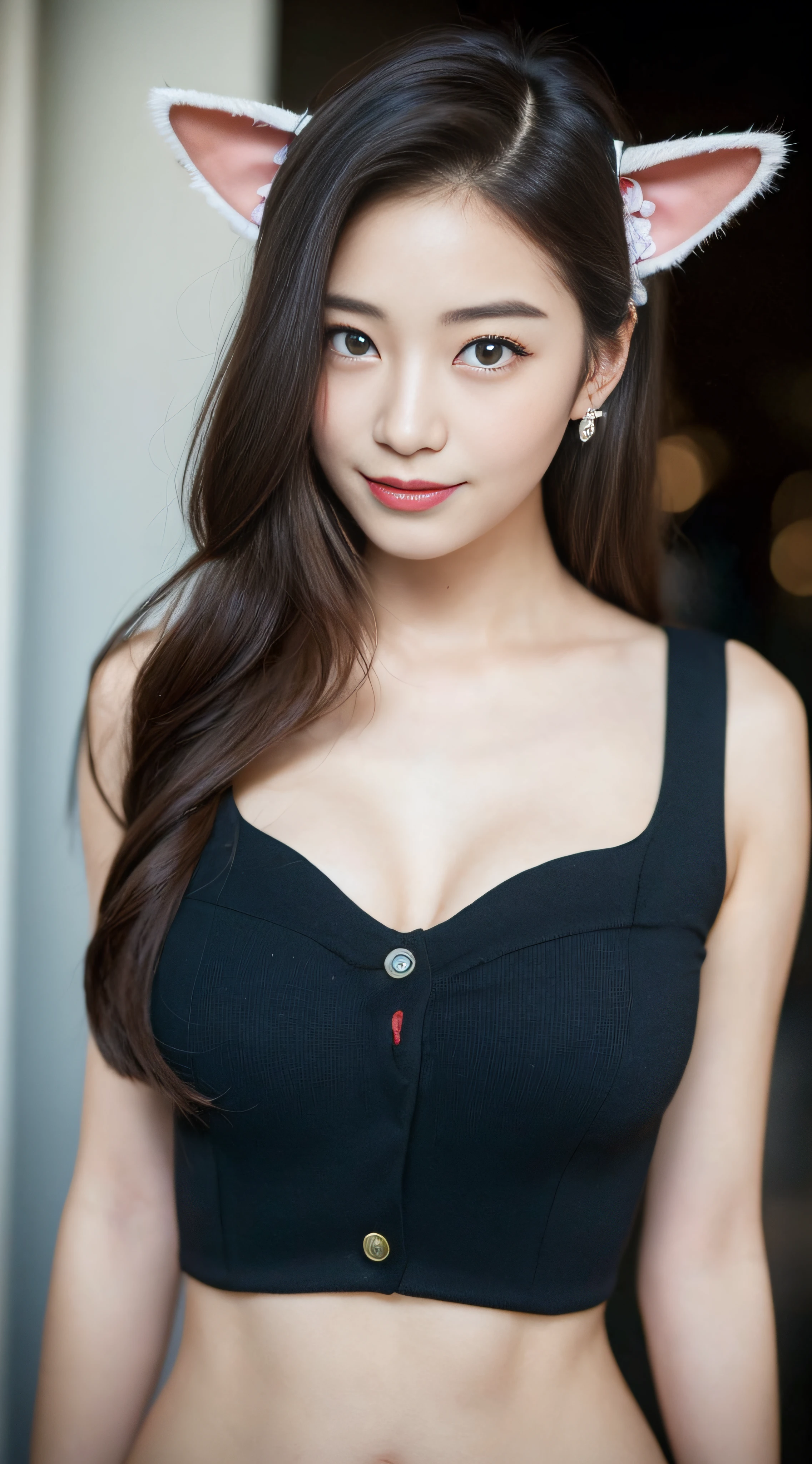 ((top-quality、8K、masterpiece:1.3))、1girl in、A smile、full body Esbian、Slim Faces、Pretty women、(dark brown hair)、Street fashion、hyperdetailed face、A detailed eye、二重まぶた、blured background、Slim Faces、城市、takeout、a street、Hands behind your back、(huge-breasted:1.3), Japan Idols、cute little、heavy eye makeup、a blond、Beautiful fece、super model style、skinny body、Constriction、Leotard、(Cat's ears:1.5)Cosplay