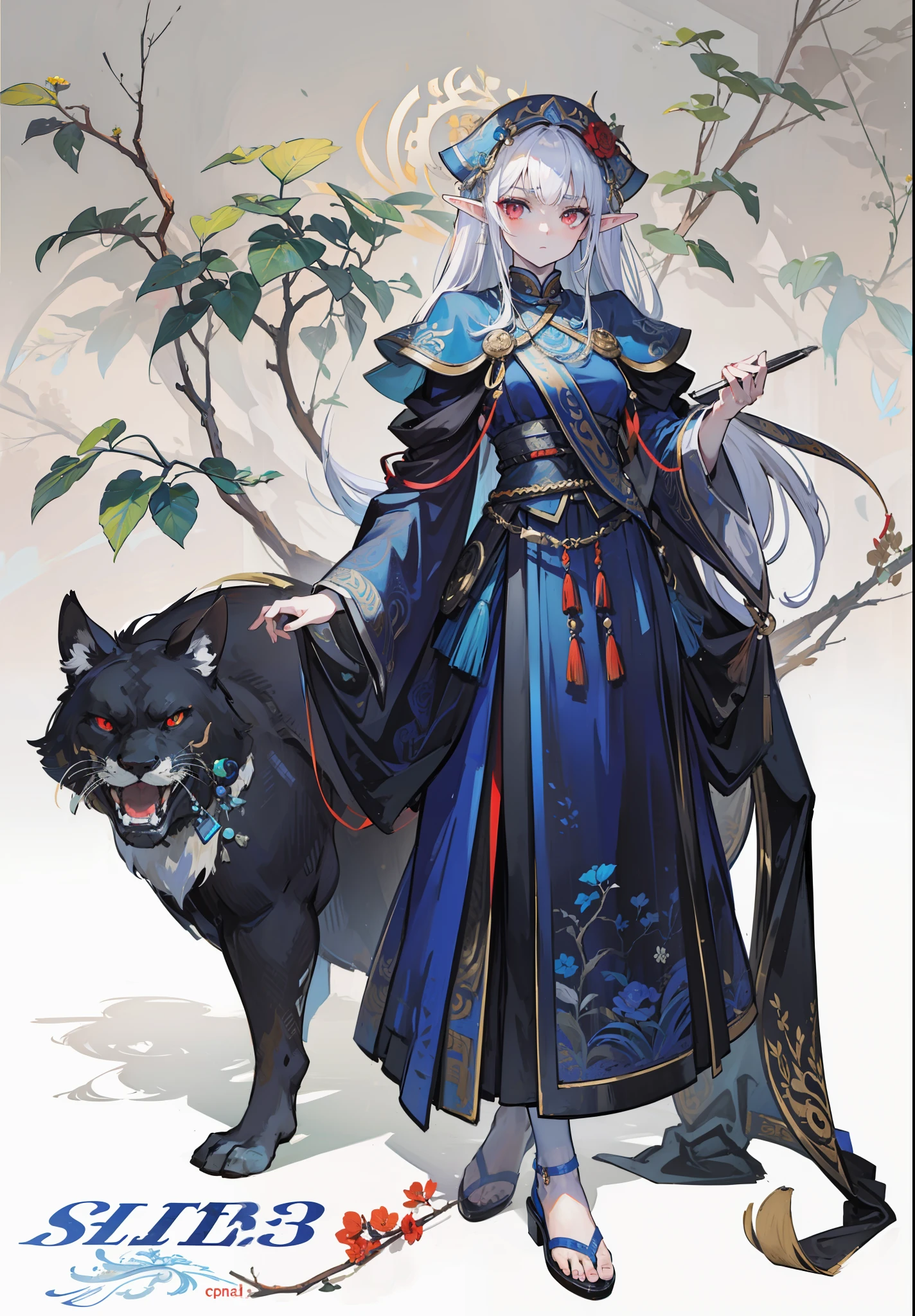 Masterpiece, Highest quality, (solofocus), (Perfect face: 1.1), (High detail: 1.1),elf, Man, Dramatic, 1人, (Pale skin),and long white hair, Red eyes, [Light eyebrows], Solo, Detailed background, Cinematic lighting, wearing a detailed and intricate xianxia antique outfit，（Perfect face:1.3），The eyes are blue