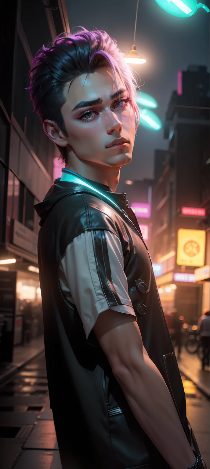 Change Background syberpunk handsome boy neon light realistic face 8k moon light