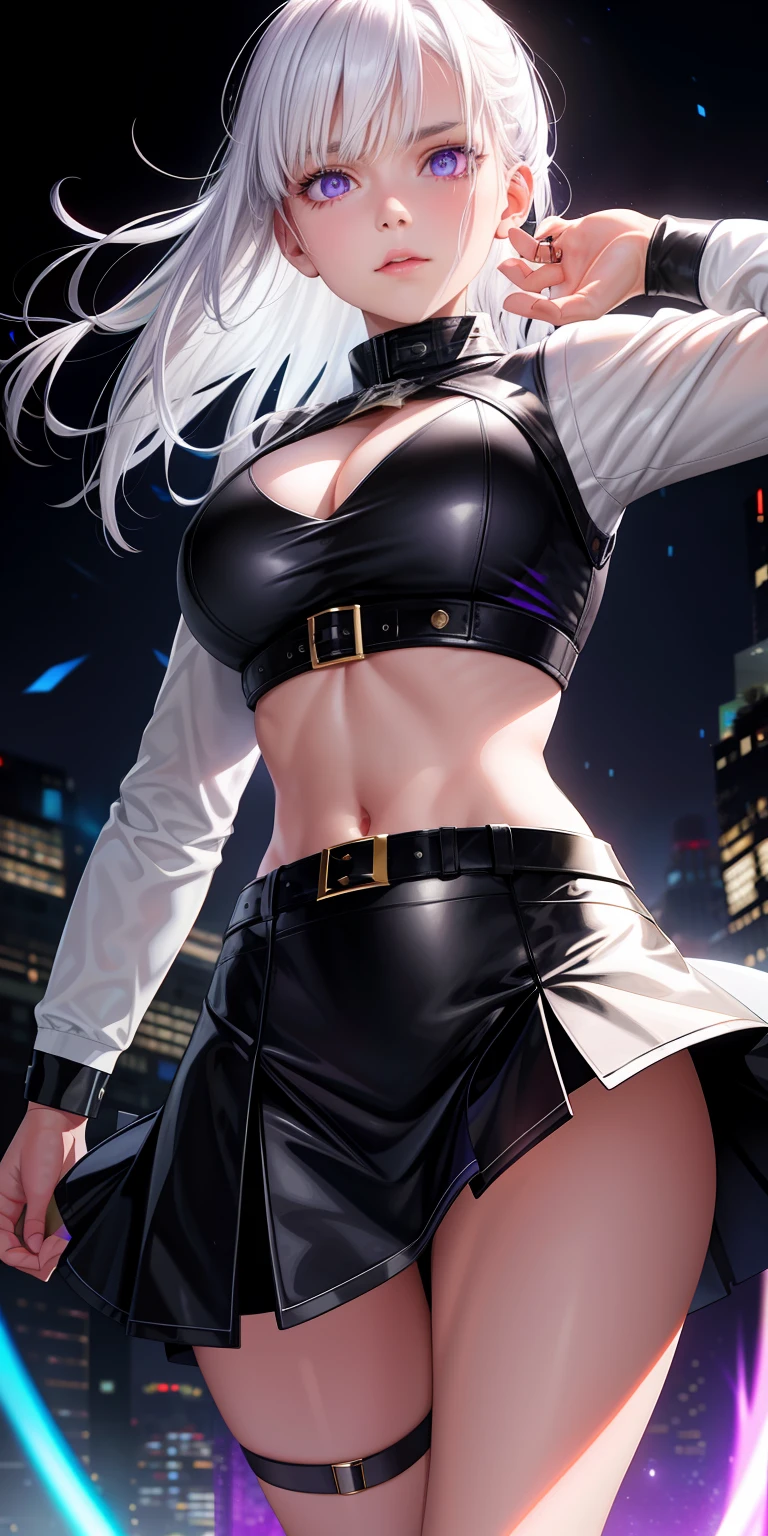 realisticlying,1girl,White hair,Purple eye,glowing light eyes,Cut the top,a skirt,Cold,the night,Leather skirt,Big chest
