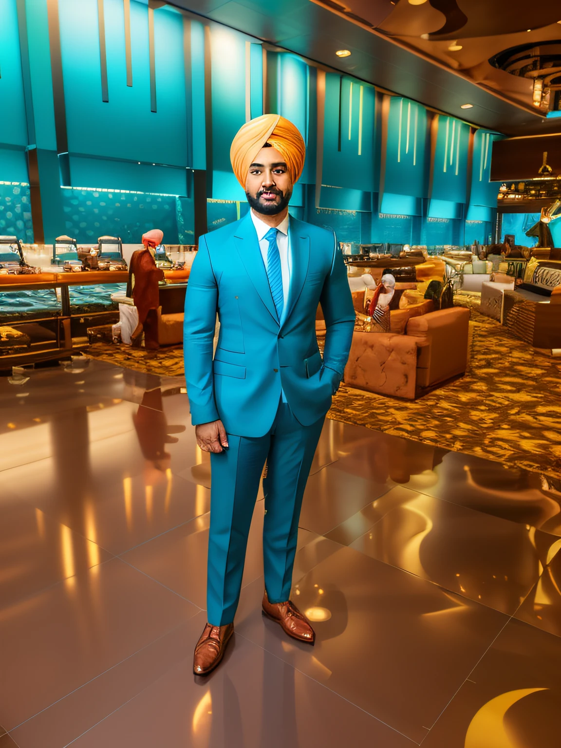 Replace the background with an unchanged face and turban, maintaining the same expression and pose. Optimize for 8k resolution and create an avatar-style profile photo with a realistic face.