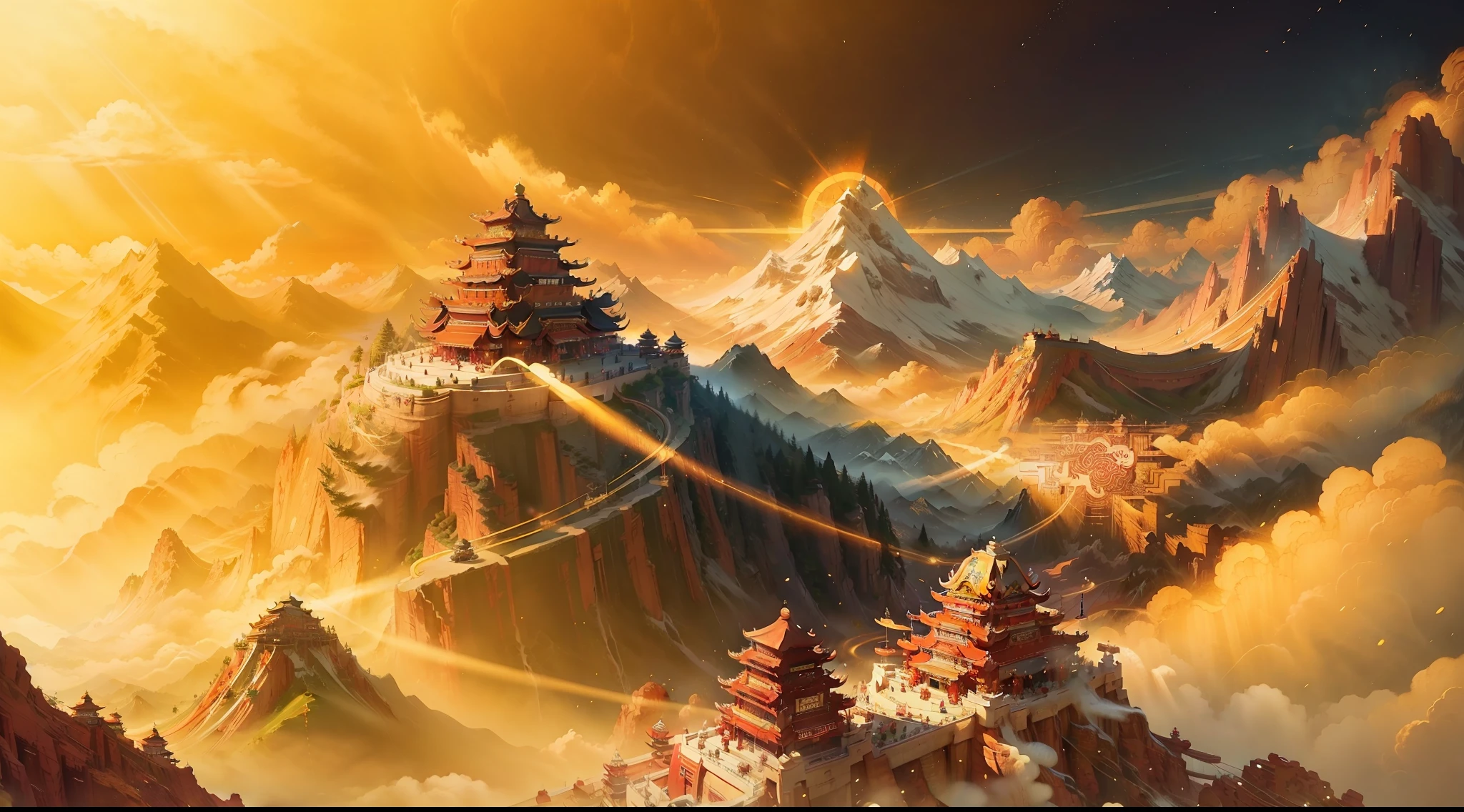 Chinese aesthetics, ancient chinese background, mountain ranges, rios, Auspicious clouds, rays of sunshine, tmasterpiece, super detailing, Epic composition, hyper HD, high qulity, extremely detaile, offcial art, 统一 8k 壁纸, super detailing,16:9 32k -- v 6