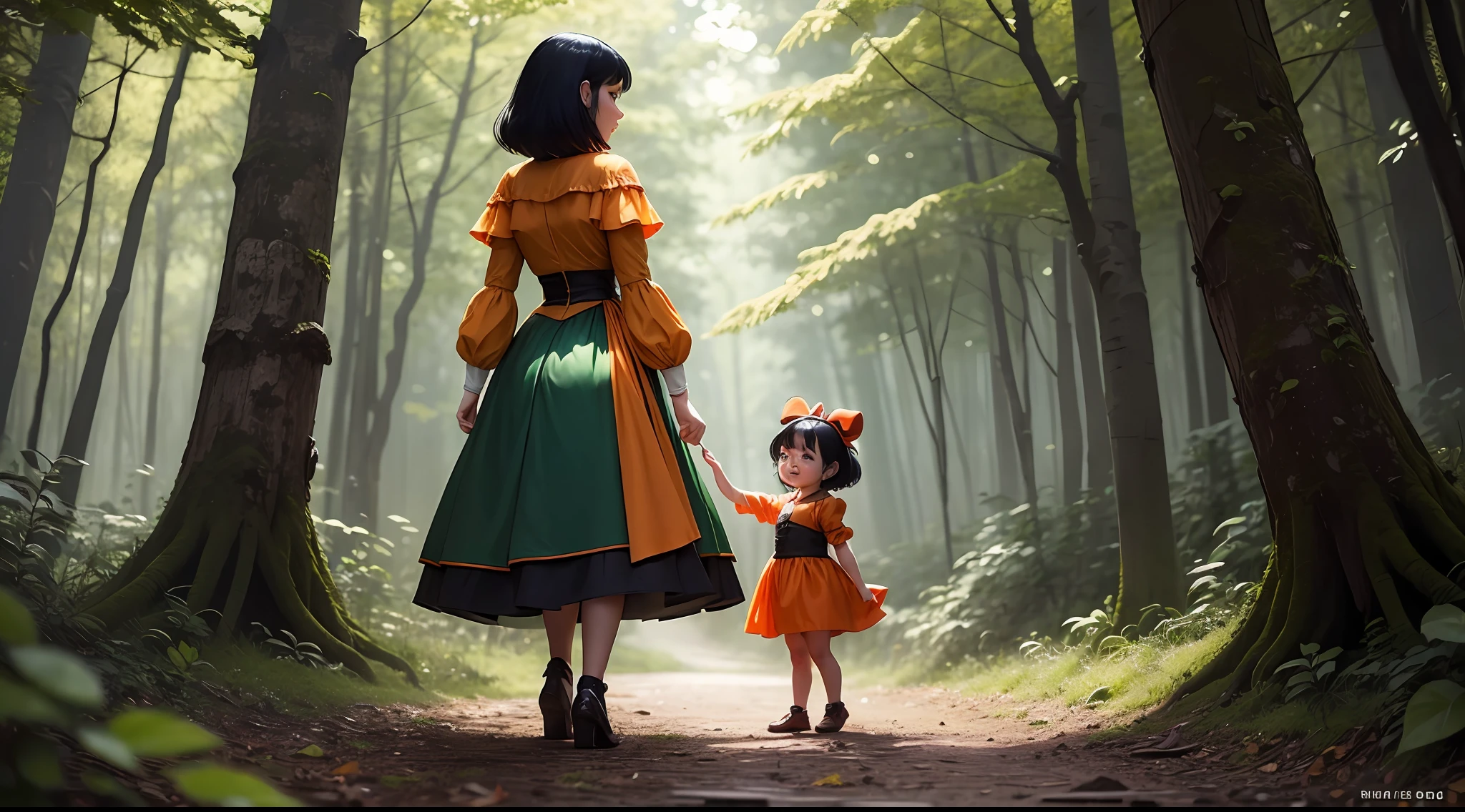 In the green forest,A with orange black hair and red dress dancing joyfully,Full body photo,animation rendering,Disney style --auto