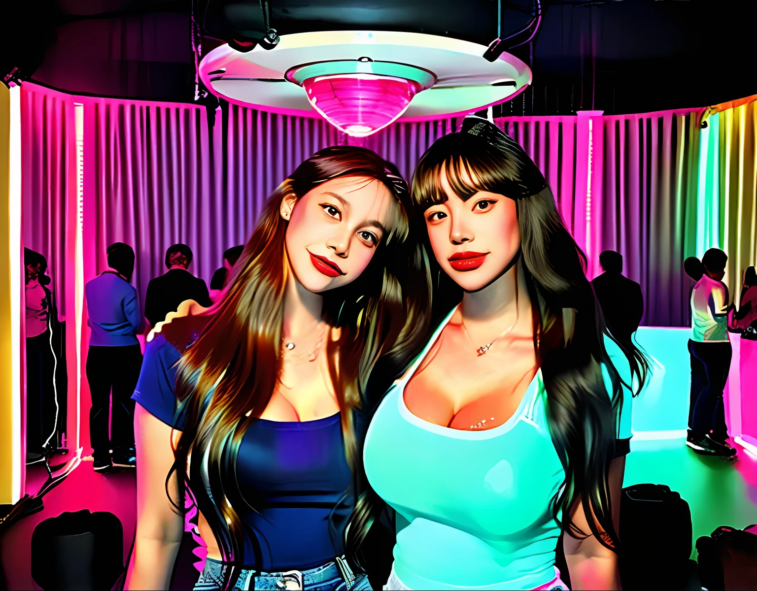 Couple in a disco in the 90s,vintagestyle,(design for tshirt),Realistic volumetric light of a masterpiece,I didn't wear any clothes,Clothes are not covered