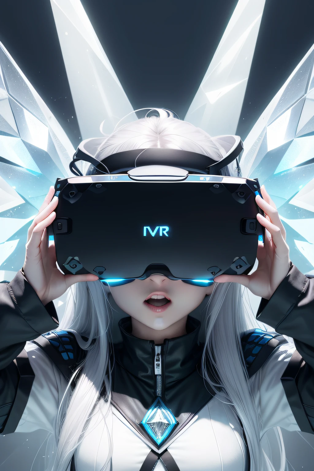8k,(VR close-up),Positive perspective!!,There is a diamond VR glasses on a white background,Diamond wings!!,((Left-right symmetrical glasses)),Complex diamonds,Ultra-realistic fantasy VR glasses,Crystal glasses,White laser glasses crown,Crystal glasses,Floating glasses,(Ray traching),((clean backdrop)),vr,VR glasses,,Gamepad no one no one