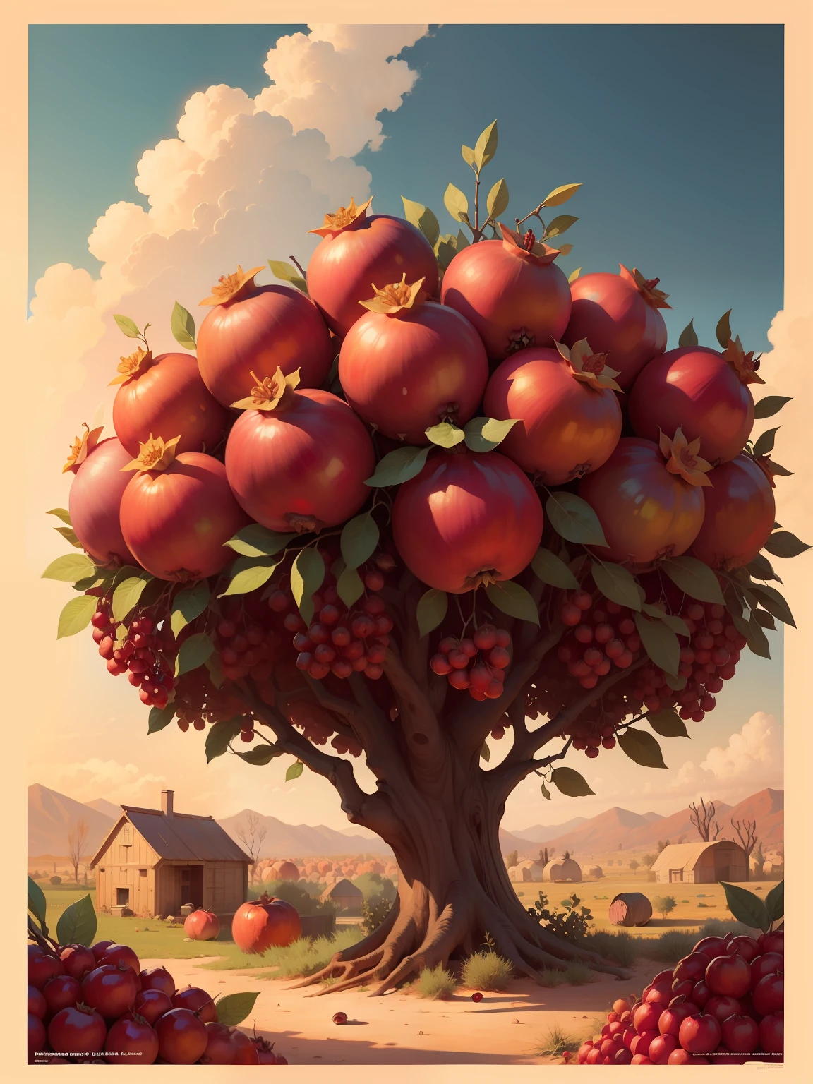 Pomegranate orchard，bumper harvest，Bright red pomegranates hang from branches，Disney  style，Illustration style，The colors are bright，brightly，Color，k hd