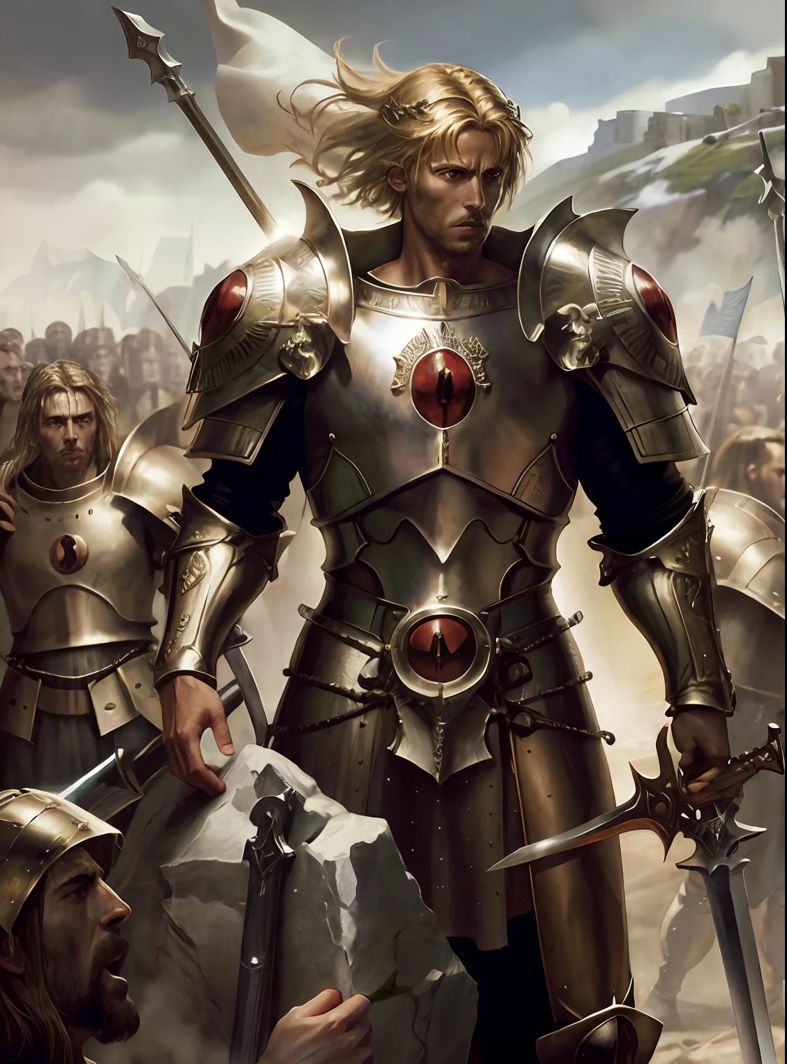 King Arthur in front of his knights pulling the sword from the stone surrounded by army hyper realistic super detailed Dynamic shot