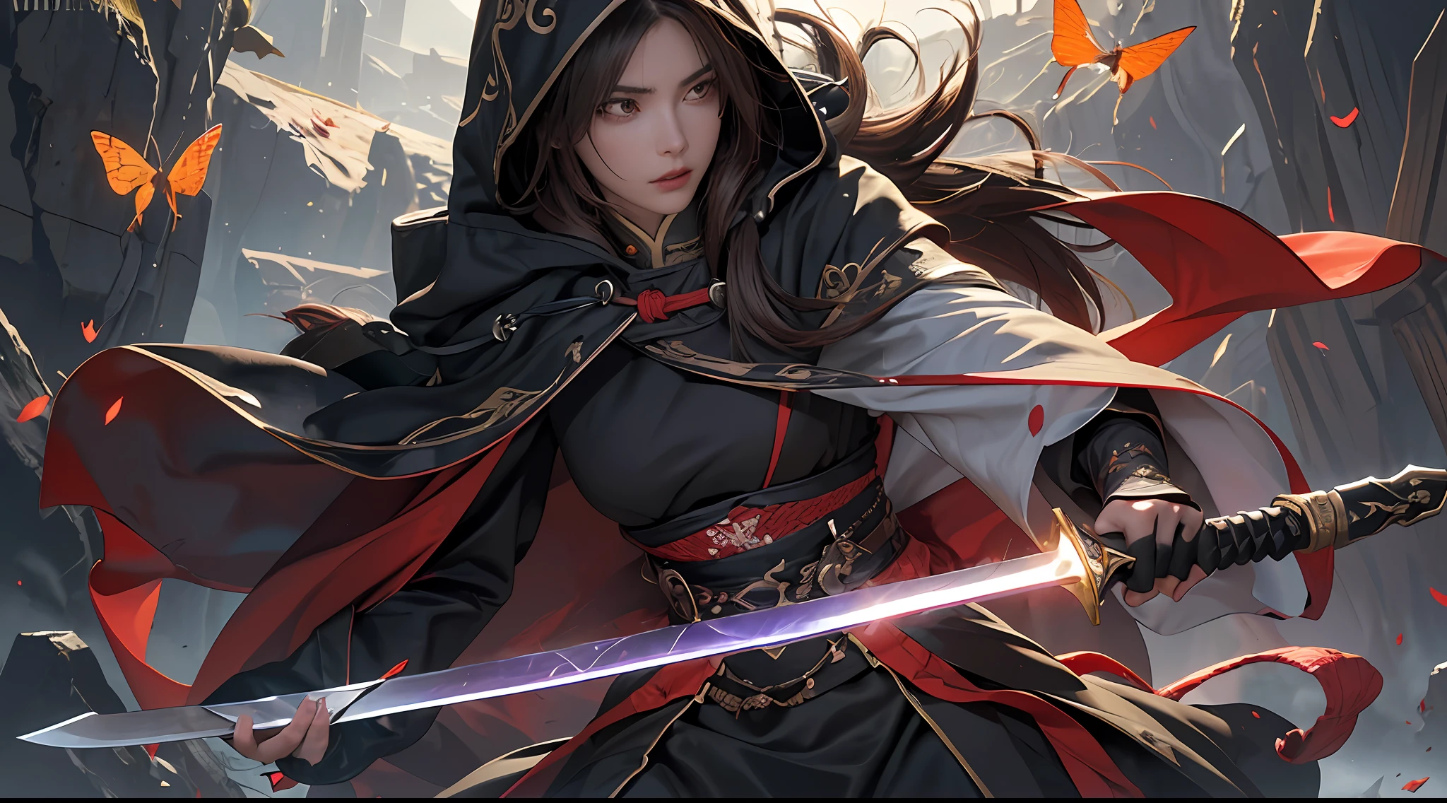 official art, unity 8k wallpaper, ultra detailed, beautiful and aesthetic, beautiful, masterpiece, best quality, one female assassin with long white hanfu and robe , girl has nice fantasy blade , fighting to an other male assassin , handsome man dark pitch brown hair , girl with black hair with pitch brown high light , fantasy art lighting , cliff and field , man has great and big sword , sword and blade are crashing , magic between them , some spark from the spot that blade and sword are crashing , darkness and brightness , dark mist , red sun light , butterfly , a battle between man and female assassin , a battle between darkness and brightness , long cliff , (ultra detailed face) , (ultra detailed art) , (ultra detailed sword and blade) , (ultra detailed hanfu) , (ultra detailed man's black hooded robe) , (ultra detailed battle) , fantasy , magic , magic controlling , fire and darkness , 1 girl and 1 man crashing swords , girl has long blade , two assassin battle (one female , one male), pretty woman , handsome man , fighting crashing sword and raging