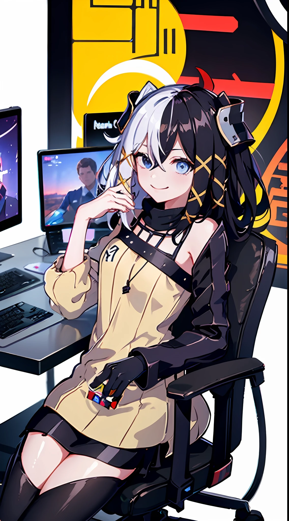gamer, in front of computer, wearing headphones, happy, best quality, masterpiece