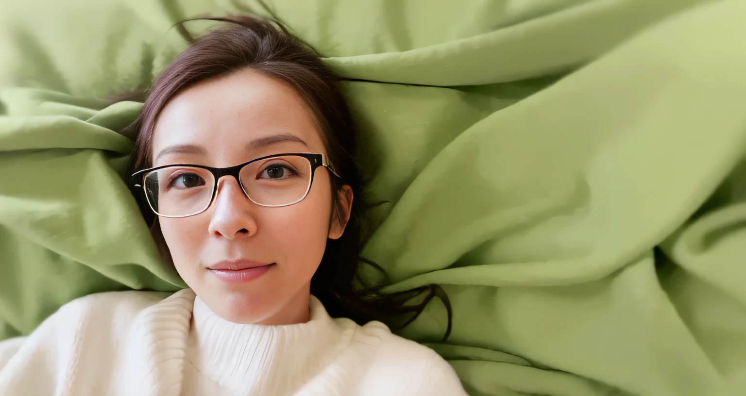 The Arad woman with glasses lies on the bed,Covered with a green blanket, on my bed, while posing in the same bed, wearing small round glasses, Lie down in bed, posing in bed, Lie down in bed, Lying in bed, lying at the bed, Lying on her back in bed, With glasses, someone in home sits in bed, Gemma Chen