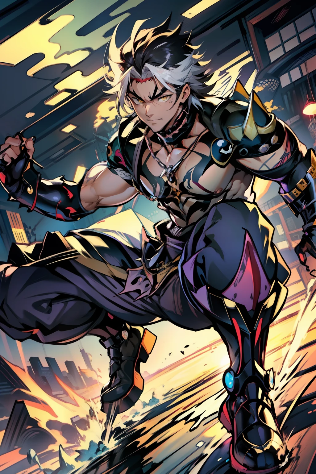 《the original god》Arataki Kazuto , male people,,((Masterpiece)), ((Best quality)), Ultra detailed,((illustration)), Dynamic Angle, Detailed light, (Delicate eyes), Floating, 1boy, Male focus, Head, Clothing, Yellow eyes, necklace, tattoo, (Forehead:0.8), (ahoge:0.8), jewelry, apathy,Ray, chest muscle, Sexy , Venom symbiote for your body, Black mucus of the body , (into venom), Venom,frontage,style of anime4 K, 4K anime wallpaper, Badass anime 8 K, 4 k comic wallpaper, young anime man, Anime boys, Anime wallpapers 4 k, Anime wallpaper 4K, High quality anime art style, Anime moe art style, Anime art wallpaper 8 K, Anime art wallpaper 4 K, RGB lighting