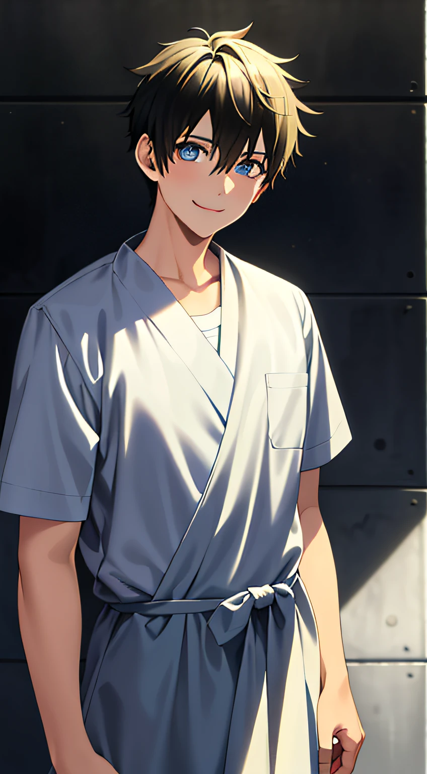 masterpiece, best quality, high quality, 1boy, solo, male focus, looking at viewer, cold light, (hospital gown:1.2), (smile:1.1), (blue_eyes:1.2), (Zaffre eyes color:1.1), (mullet:1.2), (black short hair:1.2), deserted, (prison:1.2)