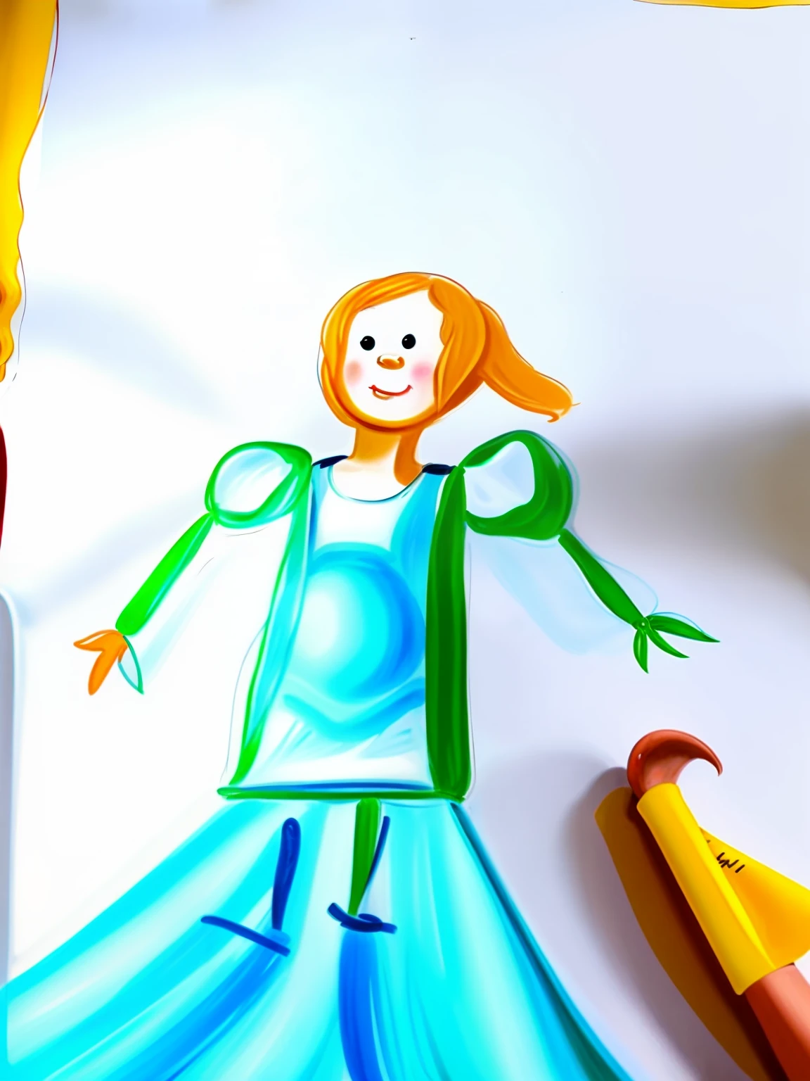 Close-up of a painting of a woman and a , Girl figure, absurdist wiggly blob in a dress, based on child's drawing, stickfigure, a child's drawing, Simple drawing, kids drawing, kids drawing, Girl standing, drawn on paper, by Tony Tuckson, anthropomorphic silhouette, anthropomorphic character