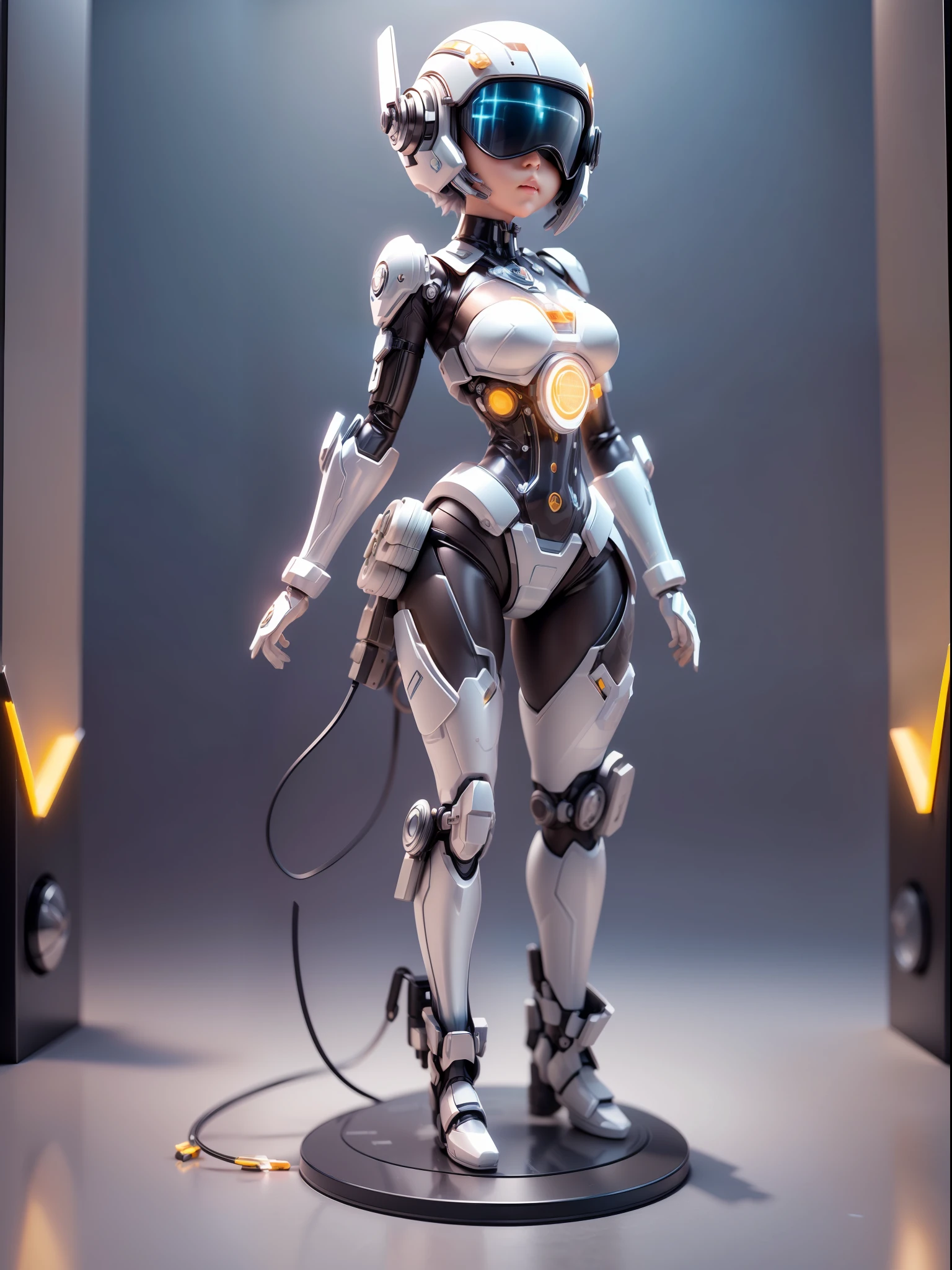 (Blind box toy style:1.2), (Full body shot) , (1 transparent cute girl)((solo)) Mechanical metal body,transparent armor,transparent opaque helmet, cyberpunk style, dreamy glow, Clean background,white and silver style,(circular base) ( Global illumination, Ray traching, hdr, unreal render,reasonable design, high detal, Masterpiece, Best quality, hyper HD, Cinematic lighting)