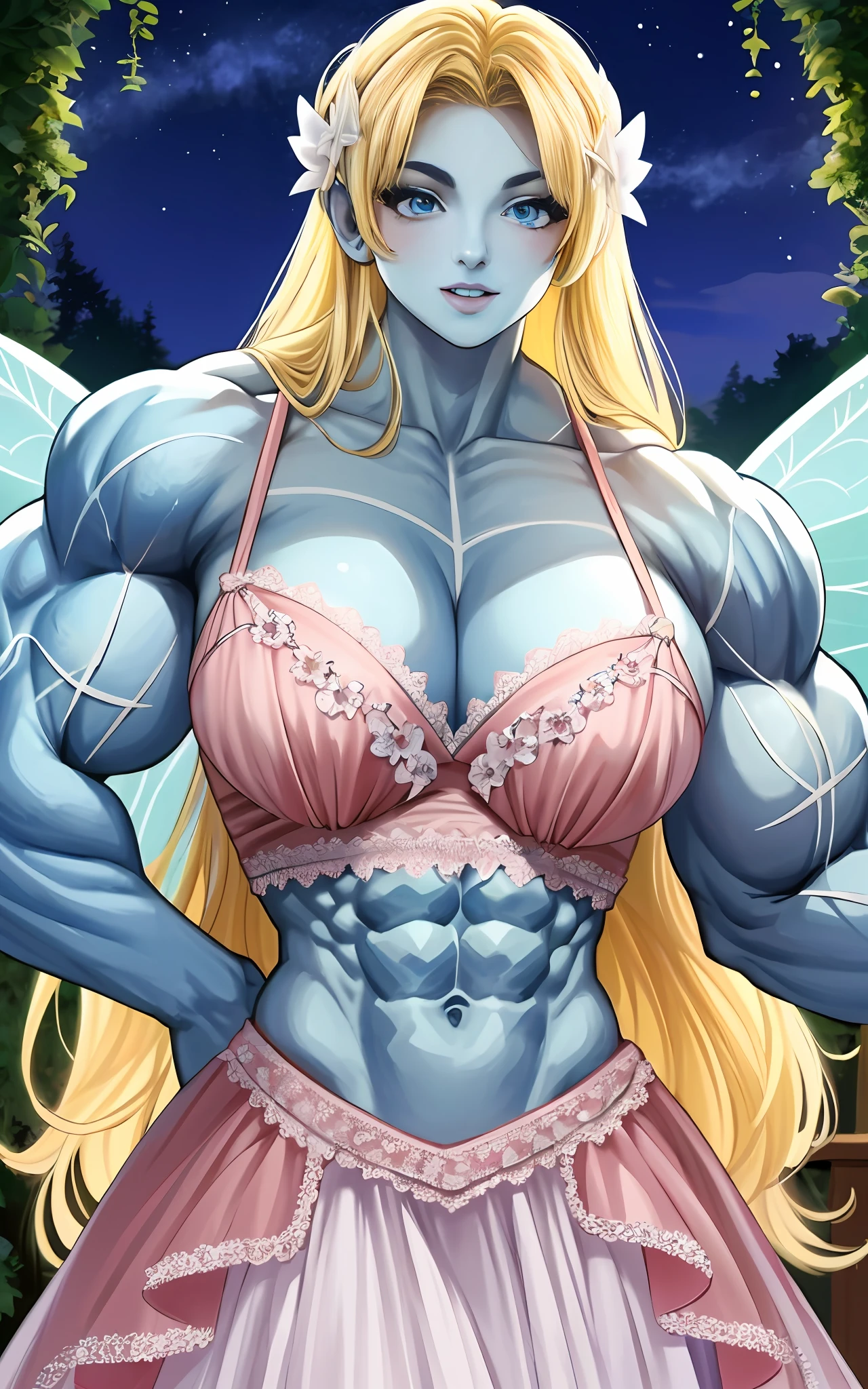 (1girll), huge tit, Breasts, Conque, Moisturizes skin, ,Night garden , Fairy princess dress，Embellished with delicate lace and sparkling gemstones    ， teens girl,realistic illumination，top Quority，8K，tmasterpiece,Muscular female,Muscular,Abs,(Blonde hair), (Blue skin:1.4),