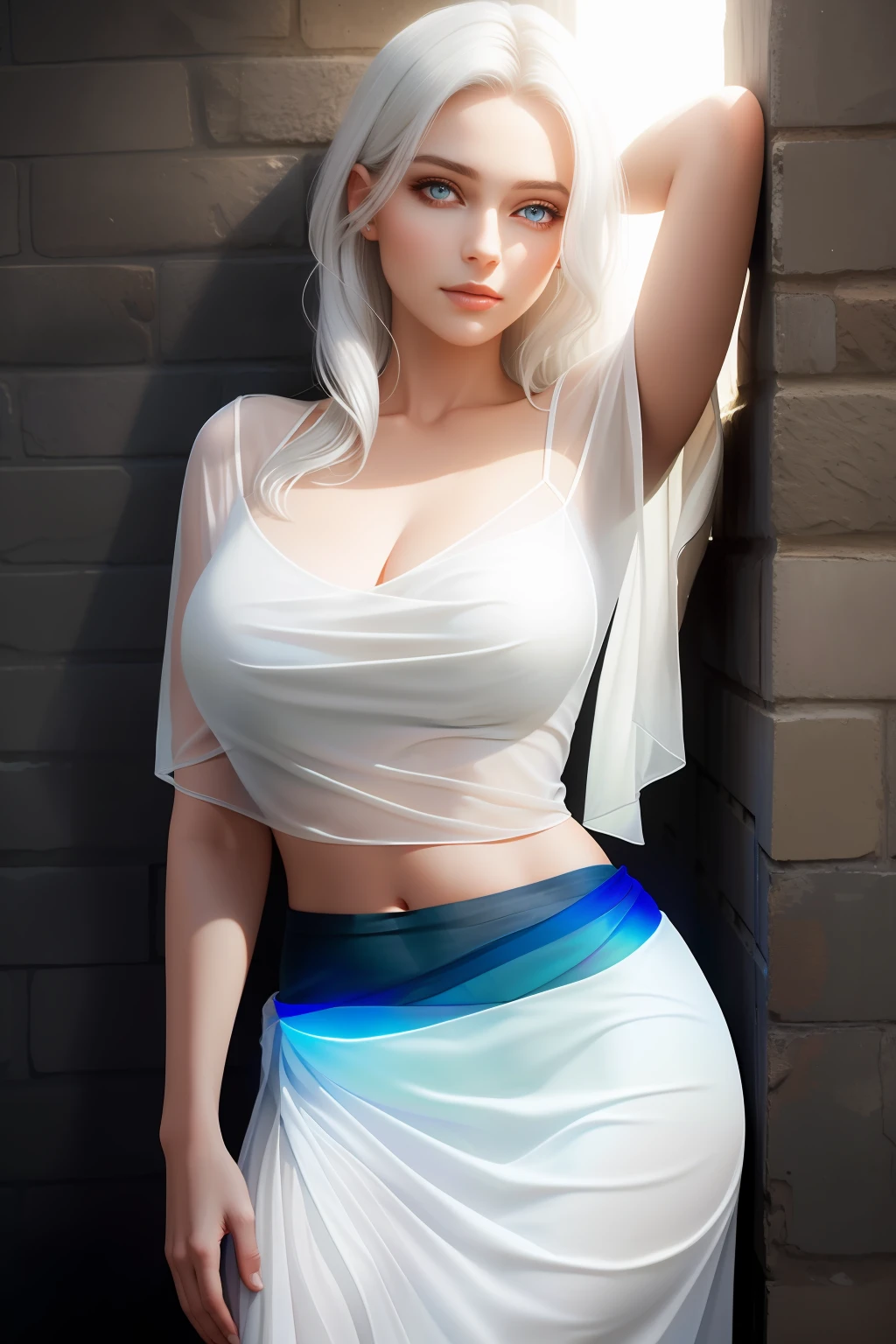 hdr, majestic, famous artwork, octane render, a photo of a beautiful woman, leaning against a wall, babe, ((Sheer skirt)), elegant, glowing, realistic eyes, silver eyes, white hair, hair over eyes, gigantic breasts,