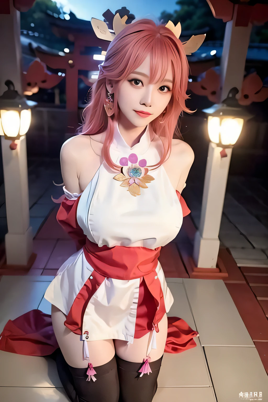 (ulzzang-6500-v1.1:0.4)1girl, kpop idol, yae miko, detached sleeves, pink hair, long hair, best quality, (photorealistic:1.2), (hair ornament:1.35), jewelry, purple eyes, earrings, large breasts, torii, cherry blossoms, lantern light, depth of field, detailed face, face focus, (looking at viewer:1.25), shiny skin, long sleeves, smile, thick lips, game cg, thighhighs, east asian architecture, blurry background, full body, arms behind back,hands behind,