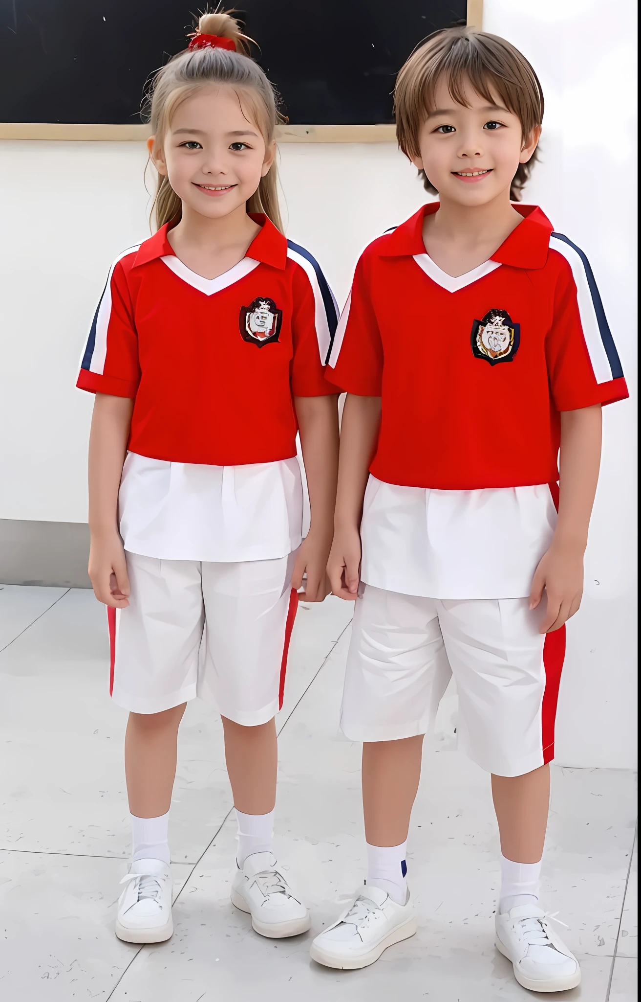 A boy with,one-girl,Two children in red and white uniforms stood side by side, in school uniform, Red Uniform, children's, Children, school uniform, uniform, Official, avant uniform, Wearing a red captain's uniform, White uniform, full uniform, in school uniform, Dragon and phoenix fetus, sport outfit, uniform background, wearing red attire, colorful uniforms, for junior