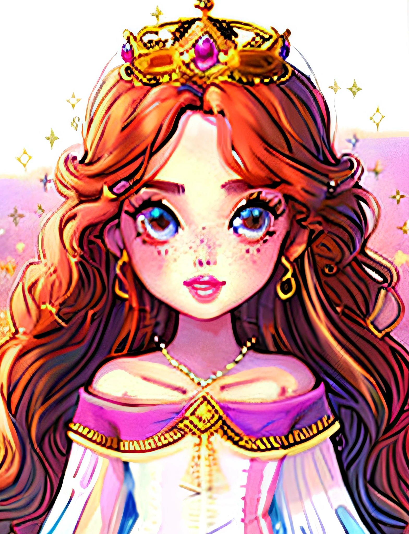 royal , disney style ,Cartoon ,clear face, portrait of a beautiful woman,light brown hair, light brown eyes, lip color pink like Asian girls' lips, small nose, small ears, precious stones on a shiny crown, medium length hair, long eyelashes, light skin tone