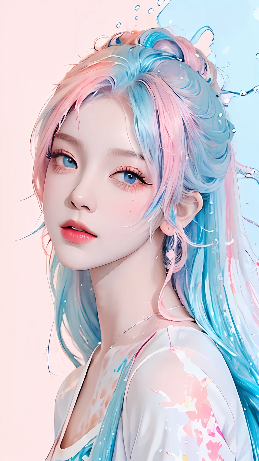 (Masterpiece, Best Quality, High Resolution), White Background, Acrylic Paint, ((Color Splash, Splash of Ink, Color Splash)), Sweet Chinese Girl, Long Light Blue Hair, [Light Blue|Pink] Hair, Curly Hair, Glitter, Peach Lips, White Shirt, Front, Upper Body