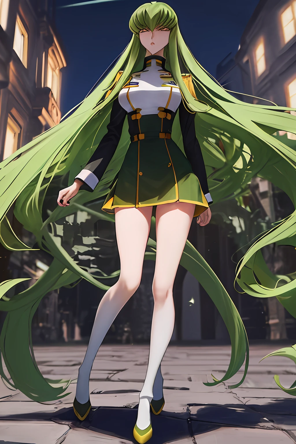 masterpiece, best quality, highly detailed
c.c., code geass,
green hair, very long hair, wavy hair, orange eyes, detailed eyes, medium breast,
((yellow uniform)), black skirt, blue socks, black footwear,
full body, intense angle,
mksks style, beautiful background, professional lightning, outdoor, fountain, mansion,