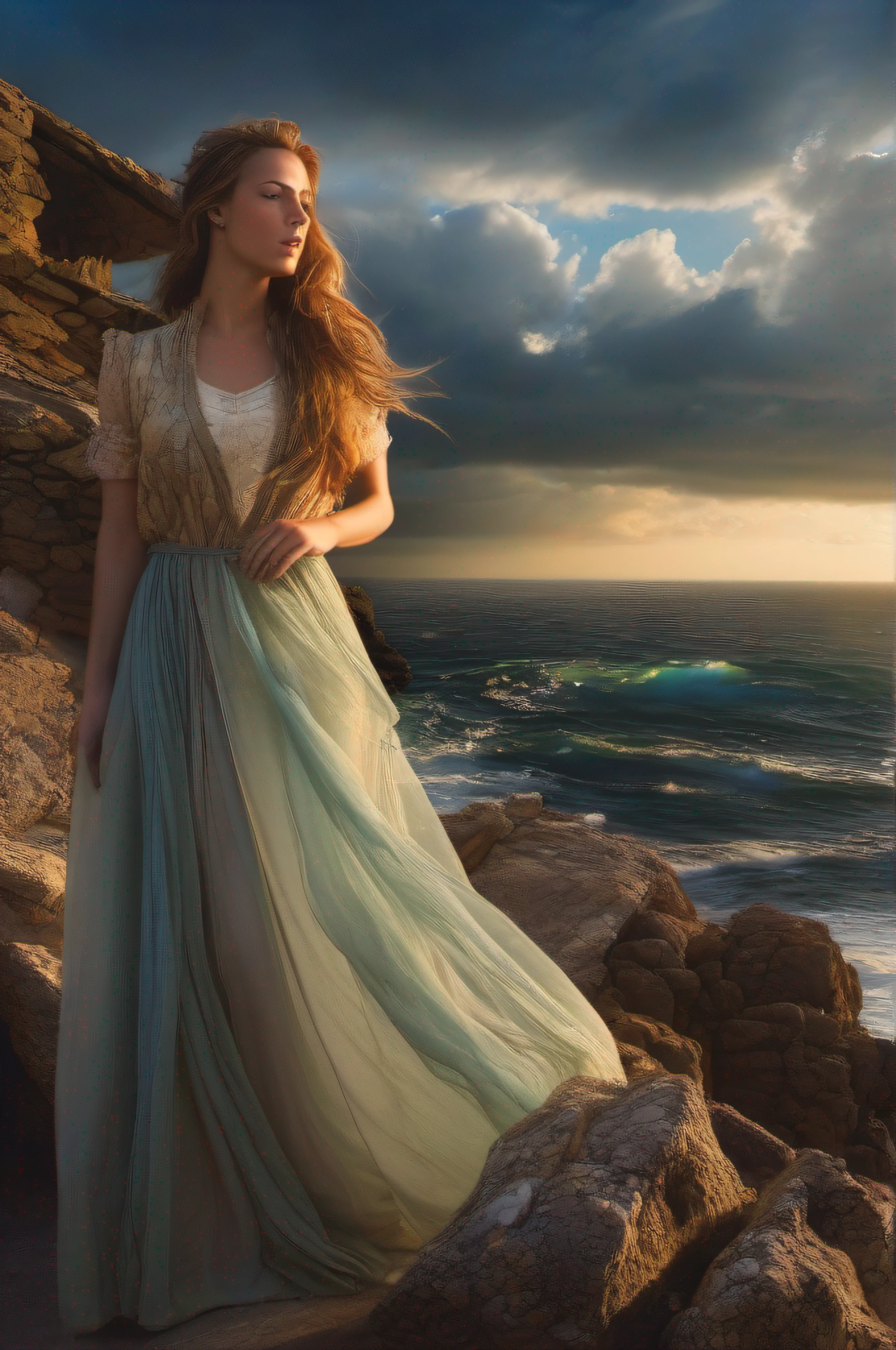 Pretty young woman standing facing the sea,regardant la mer, debout sur des rochers surplombant la mer, Dressed
a long medieval dress, lutant contre un vent de tourmente, late afternoon, sun near the horizon
and storm skies, cheveux bruns, messy hair, yeux ouverts, melancholic expression, rayons divins,
raytracing, Shooting at eye level, ouverture f/16, canon, focale 35 mm, plan large, perspective,
panoramique, atmospheric perspective, From the side, oeuvre d'art, anatomie correcte, finedetail, High
resolution