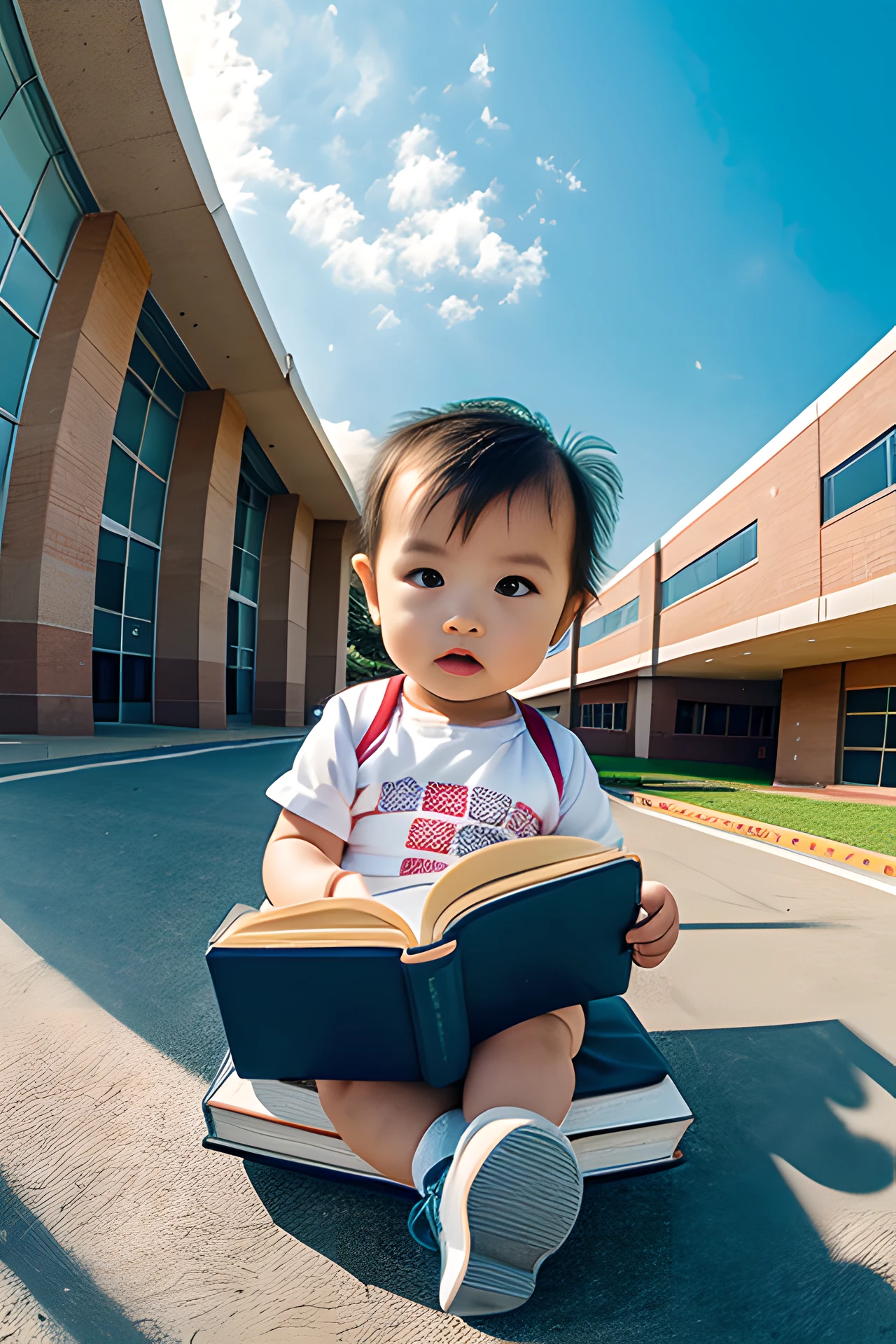 (Carrying a small school bag，Asian 1 year old baby，Wide-angle lens effect，Low viewing angle), Big wind， (huge open book)， Sit on a book，outside，Academic building，schools，playground，School， Learn，Skysky，