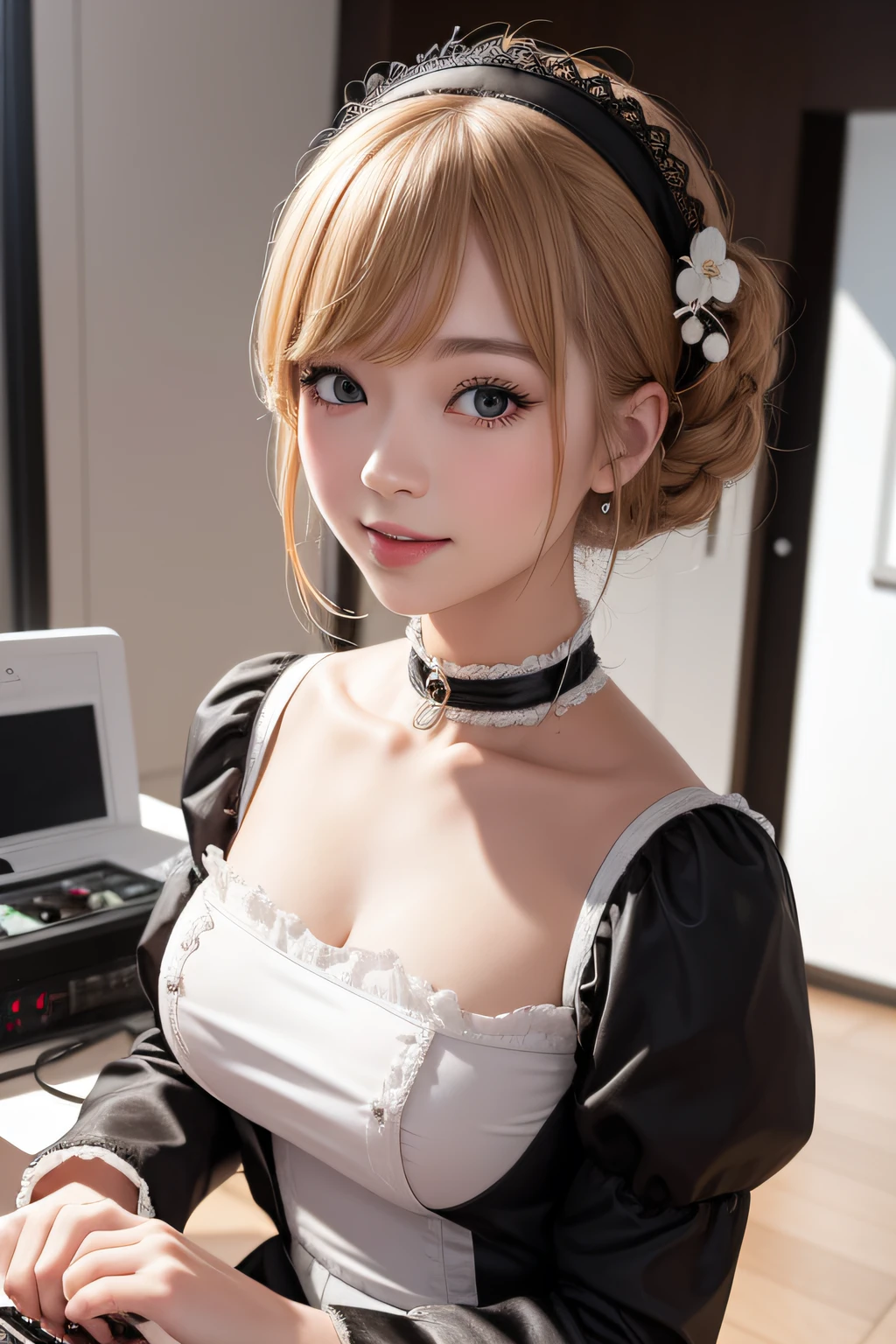 1womanl,(realisticlying,realisticlying:1.5),(tmasterpiece),(best qualtiy:1.4),(hyper HD:1.2),(RAW photogr:1.2),(sharpfocus:1.3),(Face focus:1.2),japanaese girl,Professional clothing,(young :1.1),(joyful smile:1.5),(Hairy cuts:1.6),(Japanese idol costume white,Black and pink:1.4),(beautyface:1.7),(Beautiful dress in detail:1.4),Gothic maid,(Professional photos of Japanese girls), middlebreast, (: 1.3), (Wide open chest),short detailed hair, (Detailed redheads), (twosideup), (peeping at the viewer: 1.2), (Music DJ cover art: 1.1), ( Music Design Art Stage: 1.4), (simple grey background: 1.6), Gorgeous golden lights, Break, (The large), beatiful detailed eyes, (adolable)