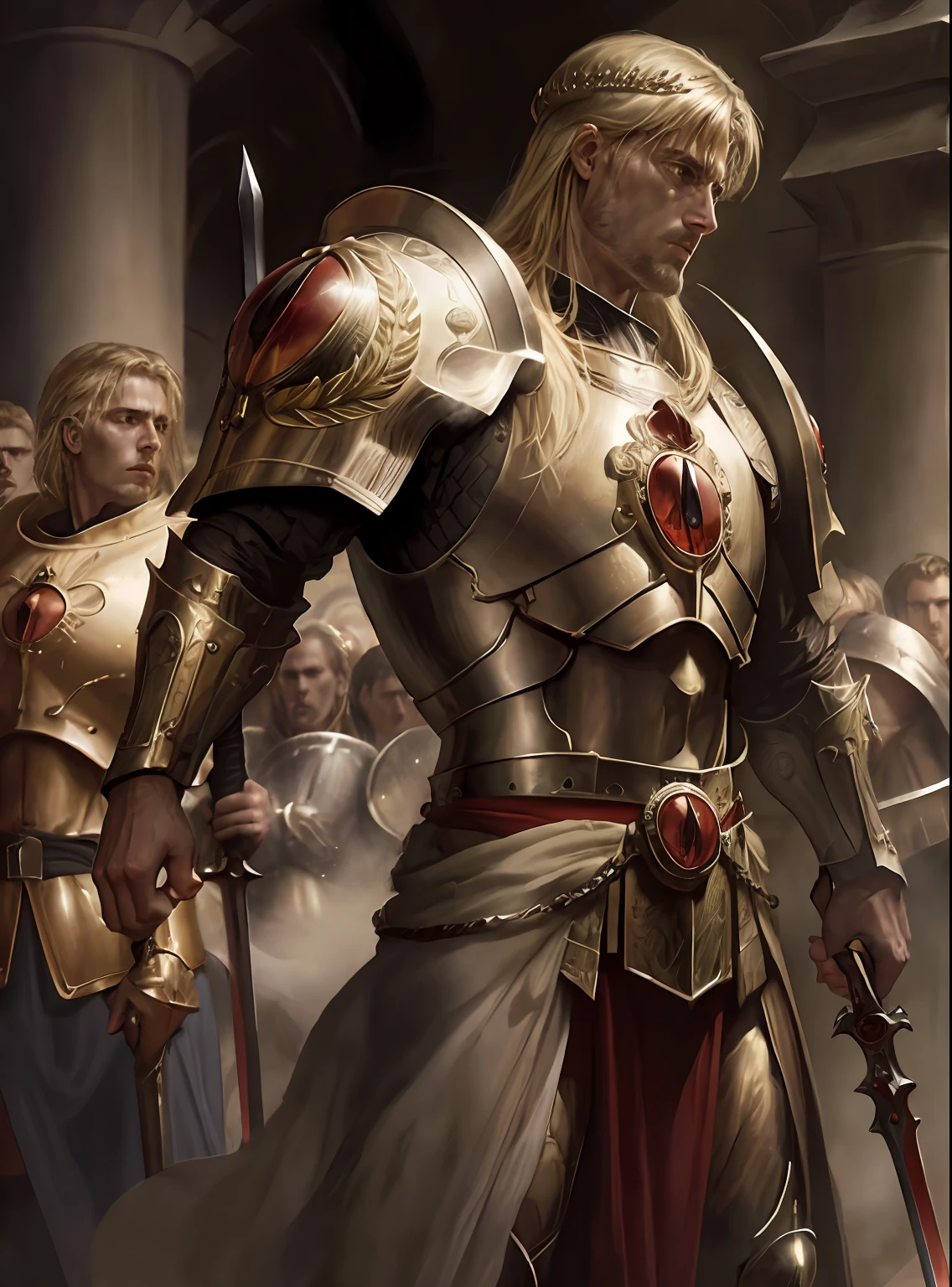 King Arthur in front of his knights pulling the sword from the stone surrounded by army hyper realistic super detailed Dynamic shot