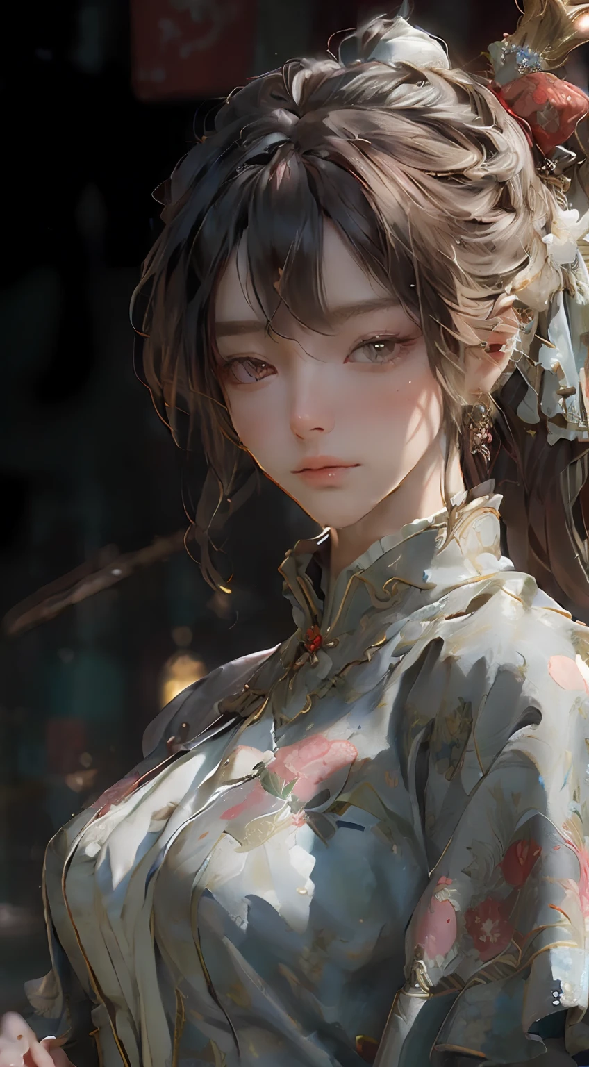 (best qualtiy, tmasterpiece:1.4), Female figure，Exceptionally beautiful，The costumes are gorgeous，The expression is shy，Be red in the face，The clothes are printed with patterns