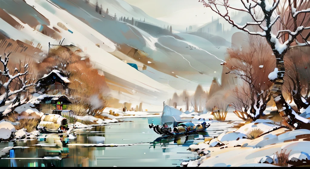 In the calm river water in winter, a small wooden boat quietly moored on the shore,Boats with thatched roofs,An old man is dressed in a gown,A thatched raincoat,Old man fishing by the river,The scenery is covered with a light layer of white snow,snow landscape,The art of Chinese painting,Song Dynasty figure painting,Sense of history,Repin realism
