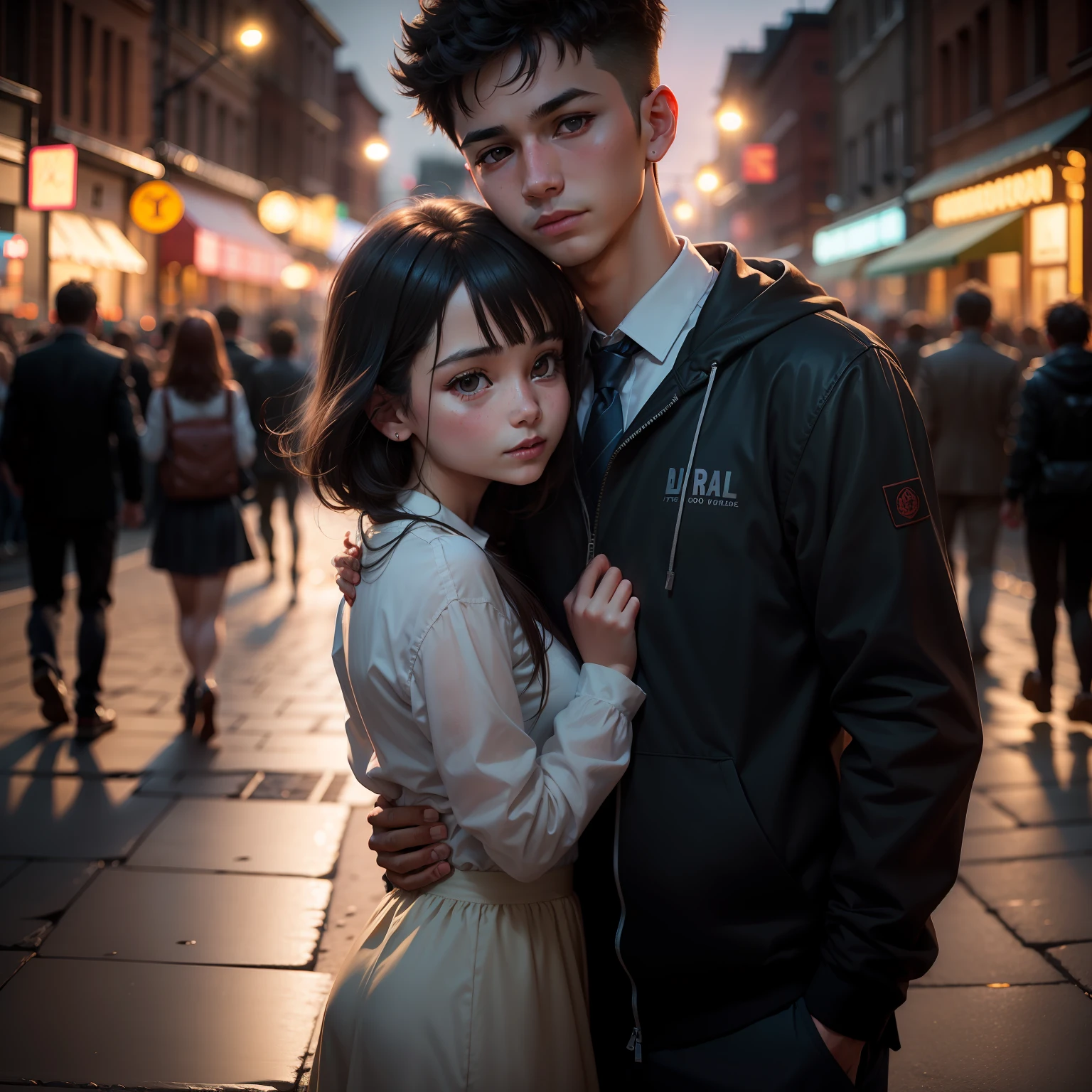 A boy and a girl(lover), detailed,best quality,dark light,street background,8k,Bokeh,